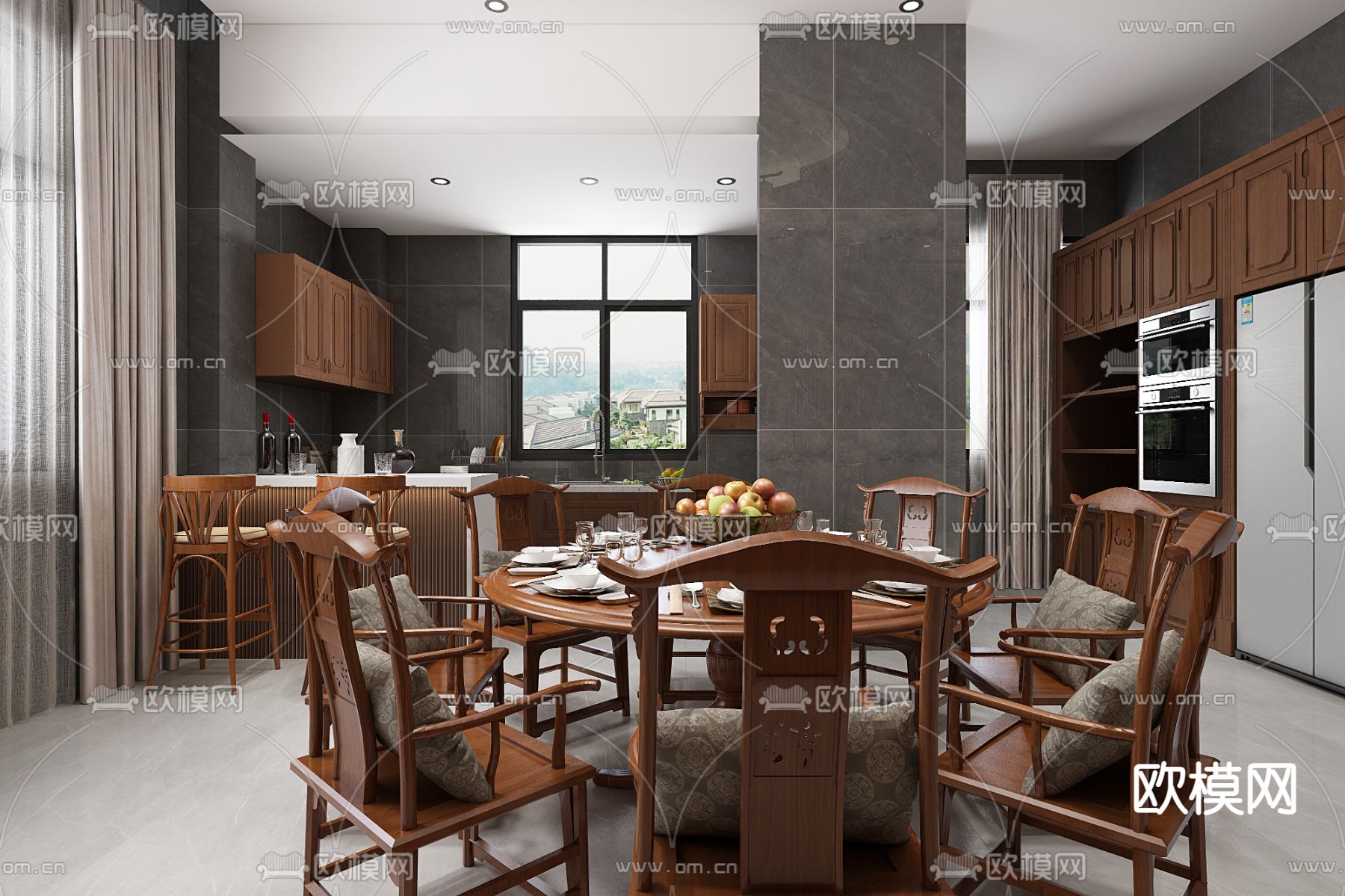 中式厨房餐厅免费3d模型下载（渲染图1）