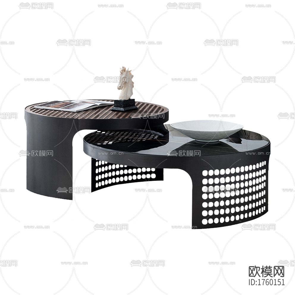 现代黑色实木镂空大理石双头茶几下载