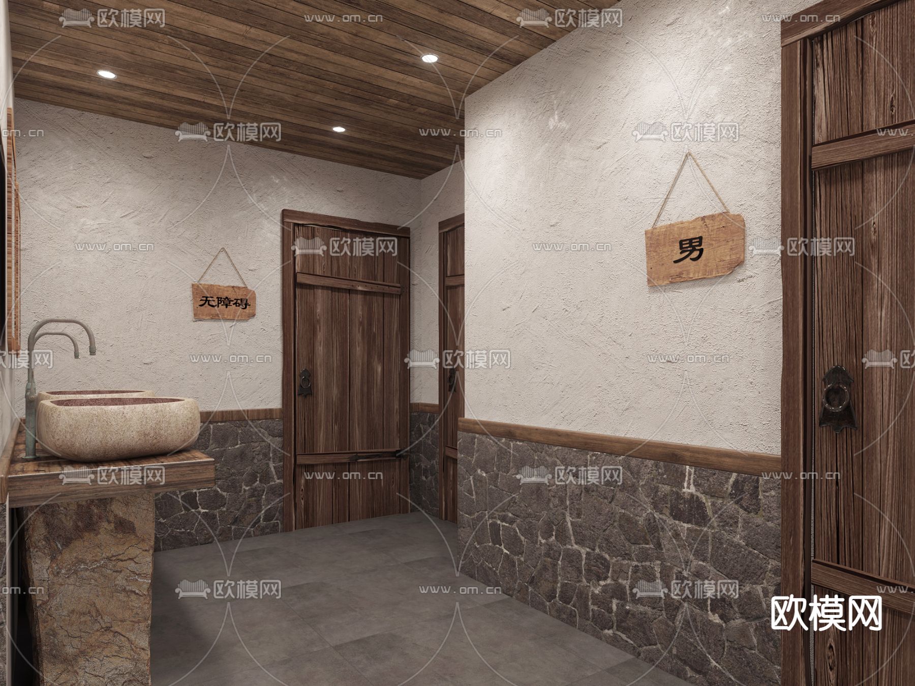 中式公共卫生间楼梯间3d模型下载（渲染图1）