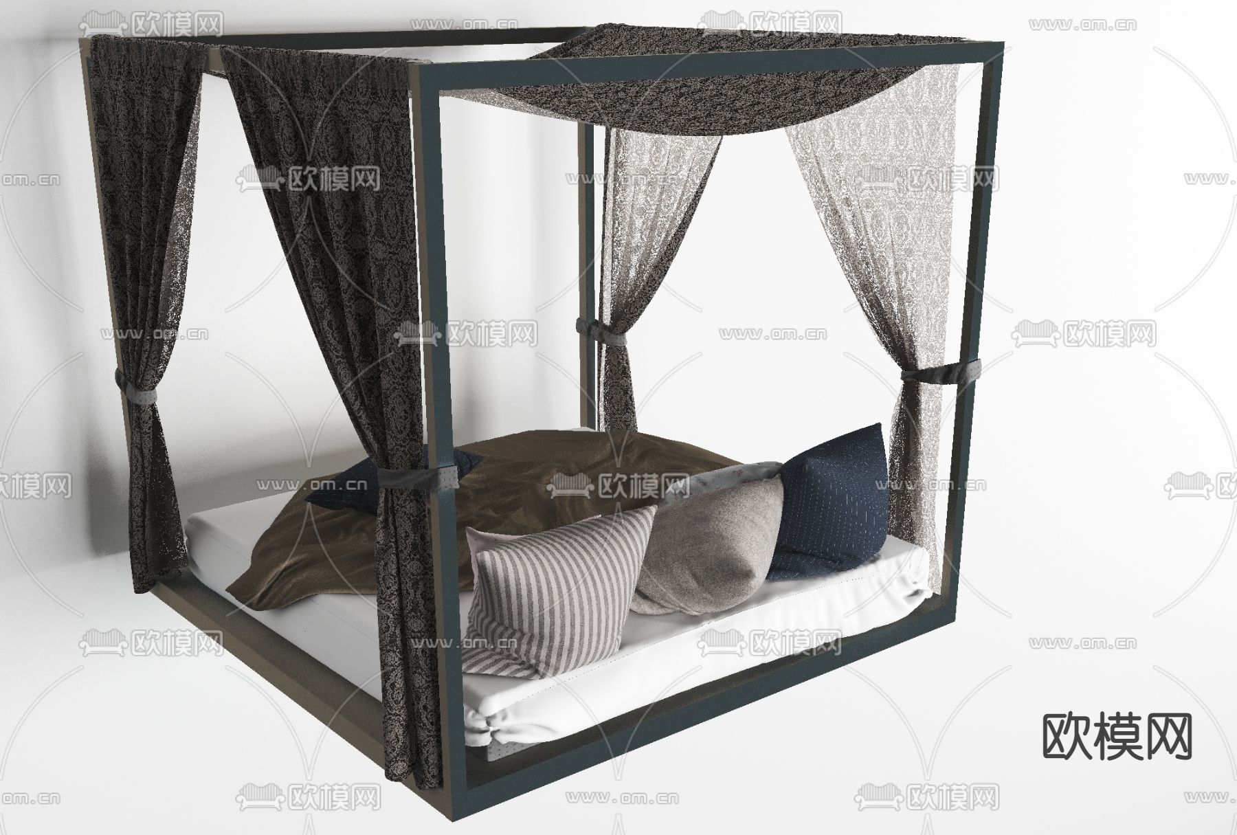 新中式蚊帐双人床免费3d模型下载