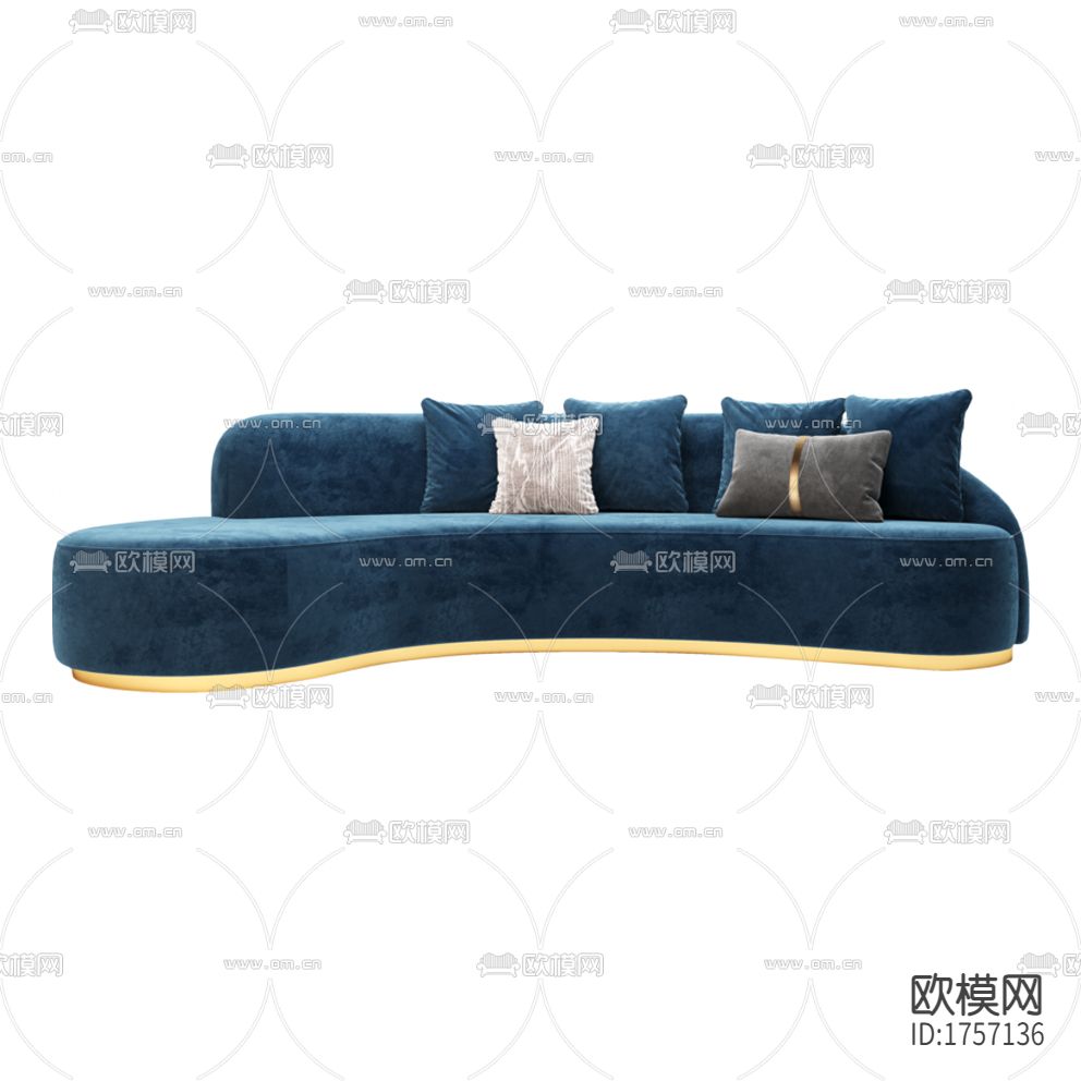 现代轻奢蓝色布艺不锈钢弧形多人沙发下载