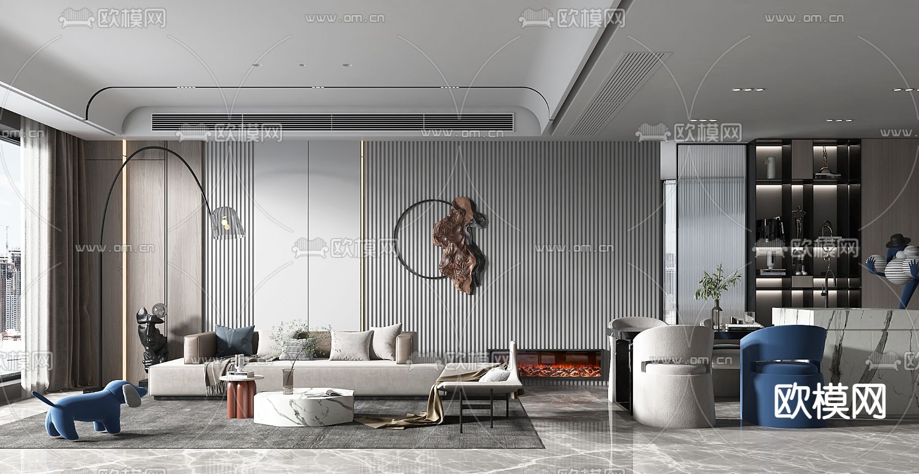 现代高级灰客餐厅3d模型下载（渲染图1）
