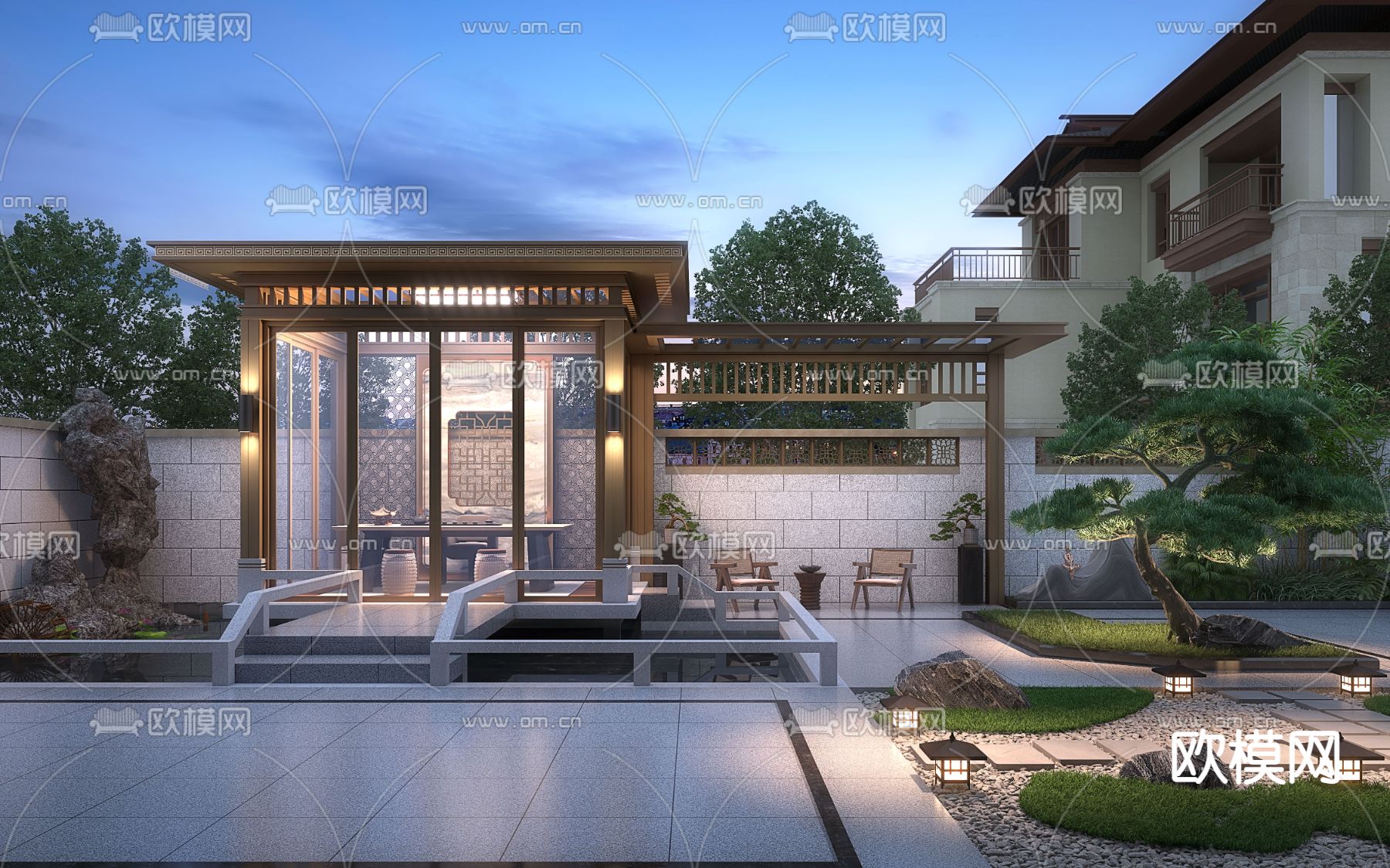 新中式别墅庭院3d模型下载