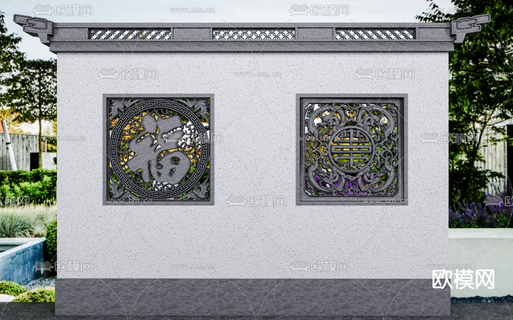 中式花窗景观墙3d模型下载（渲染图1）