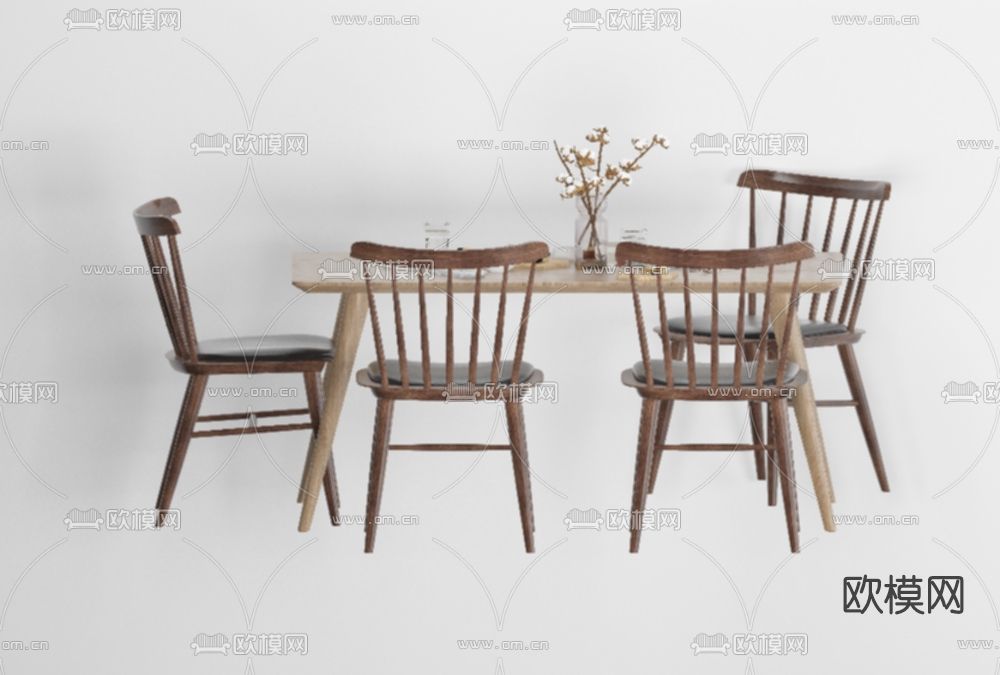 北欧实木餐桌椅免费3d模型下载