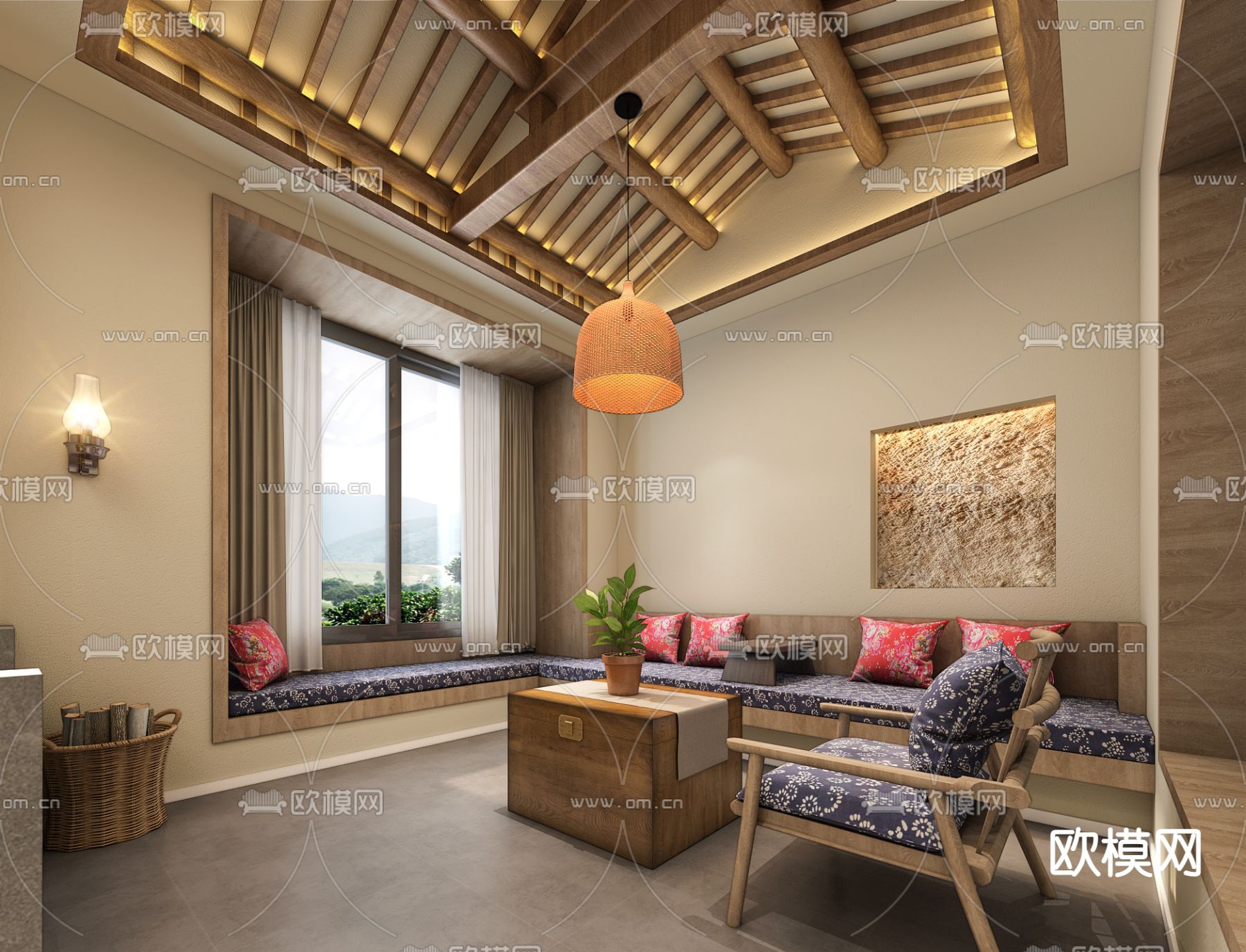 自然风民宿客厅免费3d模型下载（渲染图1）