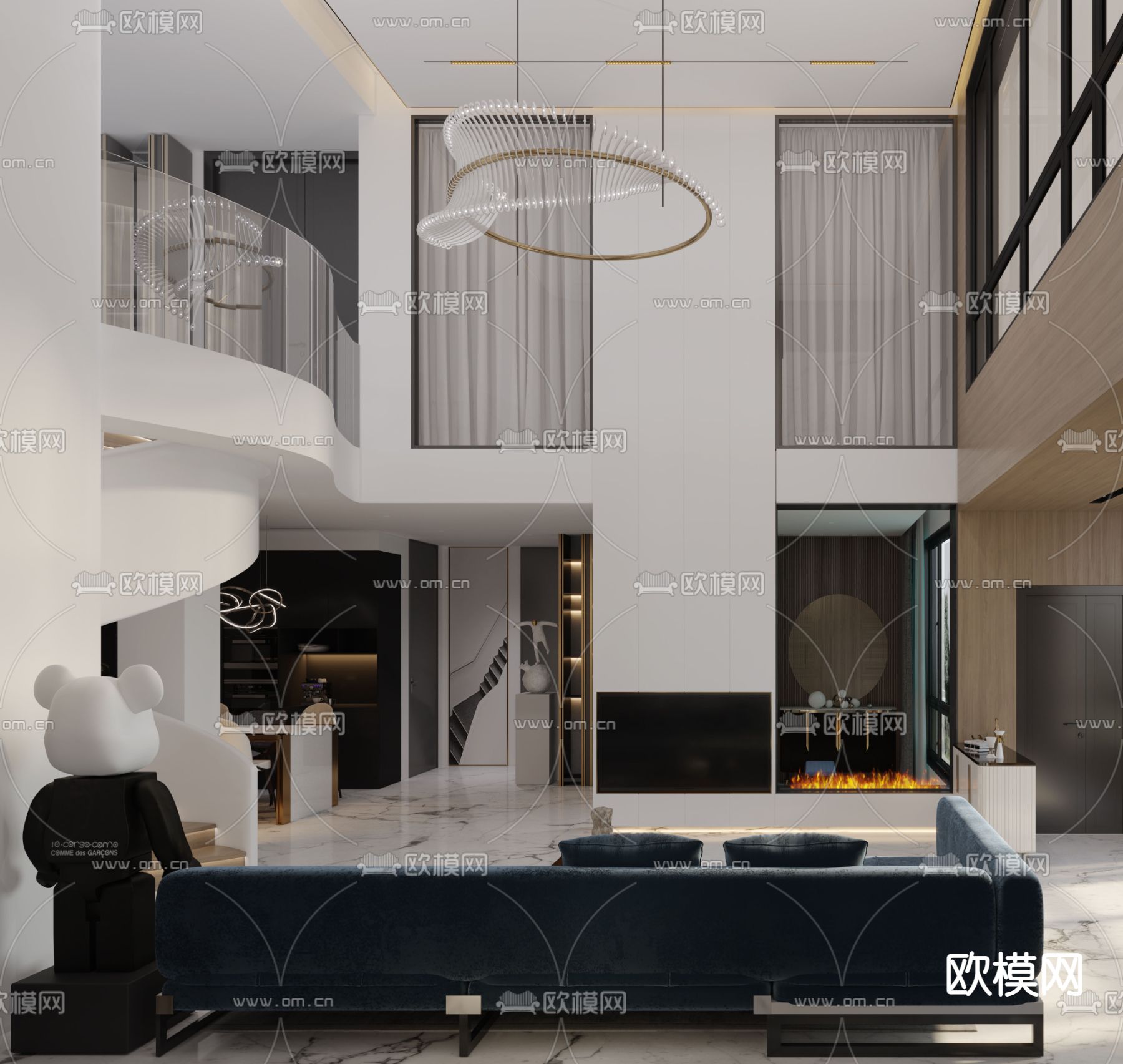 现代别墅客餐厅免费3d模型下载（渲染图1）