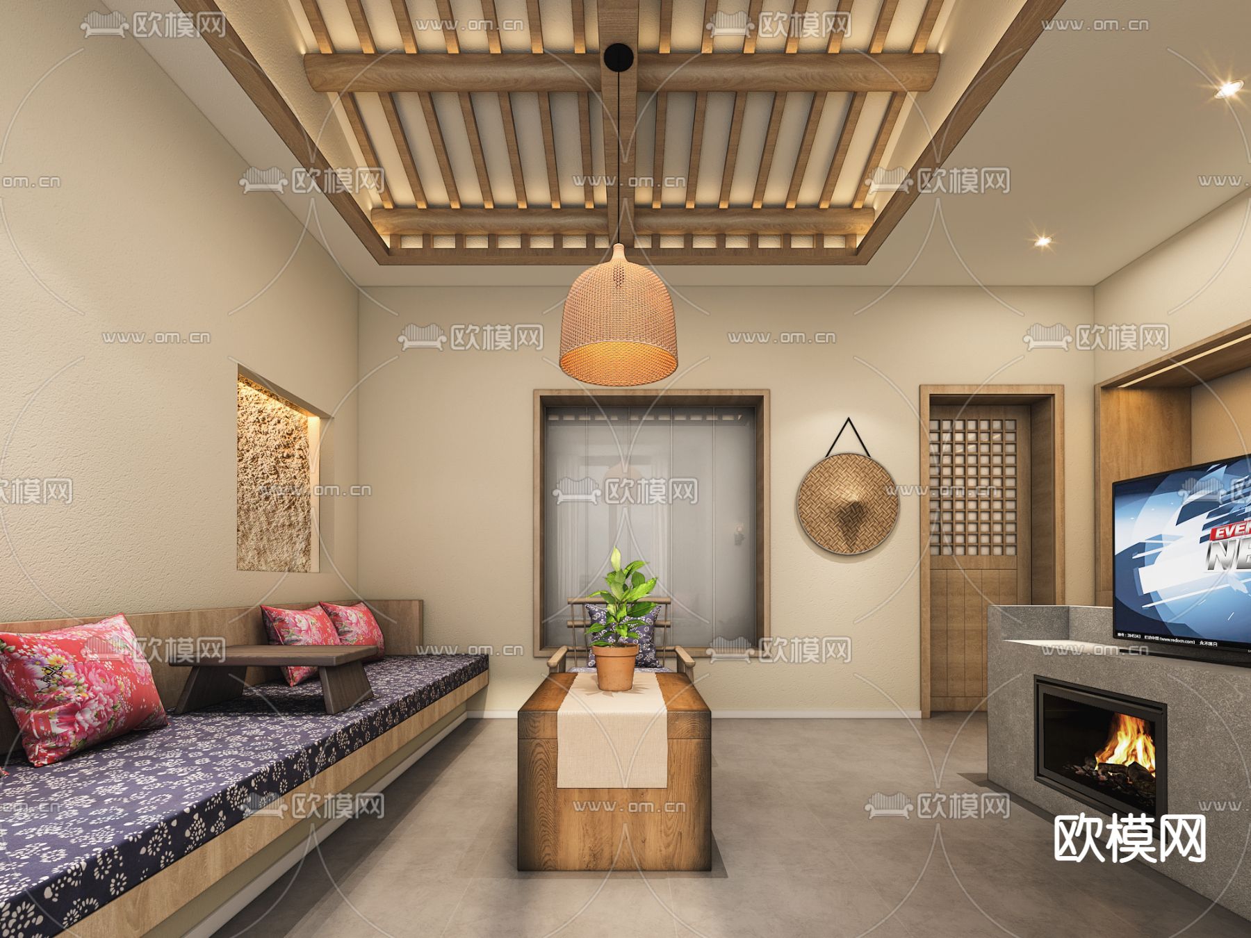 自然风民宿客厅免费3d模型下载（渲染图3）