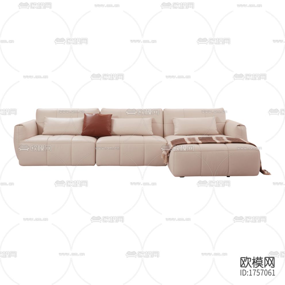 现代简约杏色皮革多人沙发