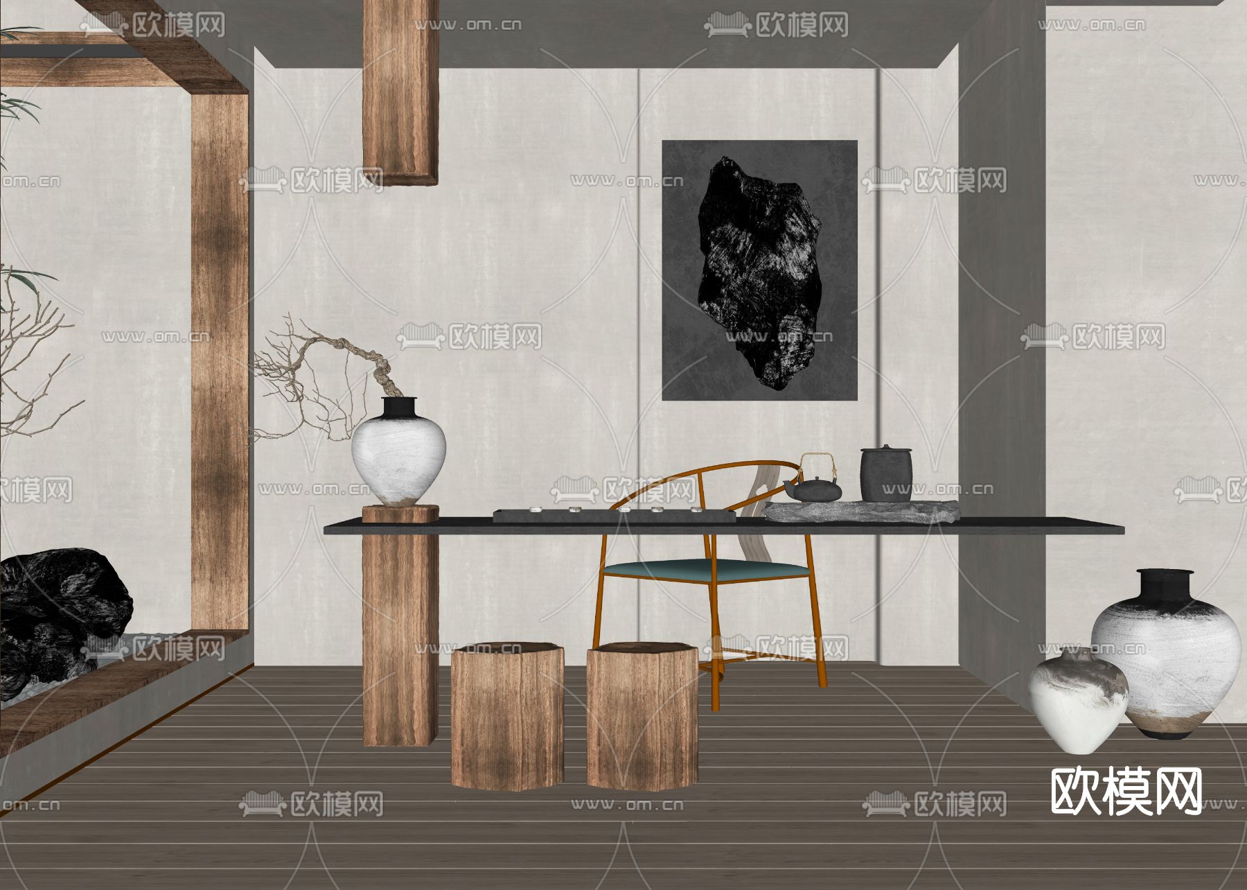 侘寂风茶桌椅su模型下载（渲染图2）