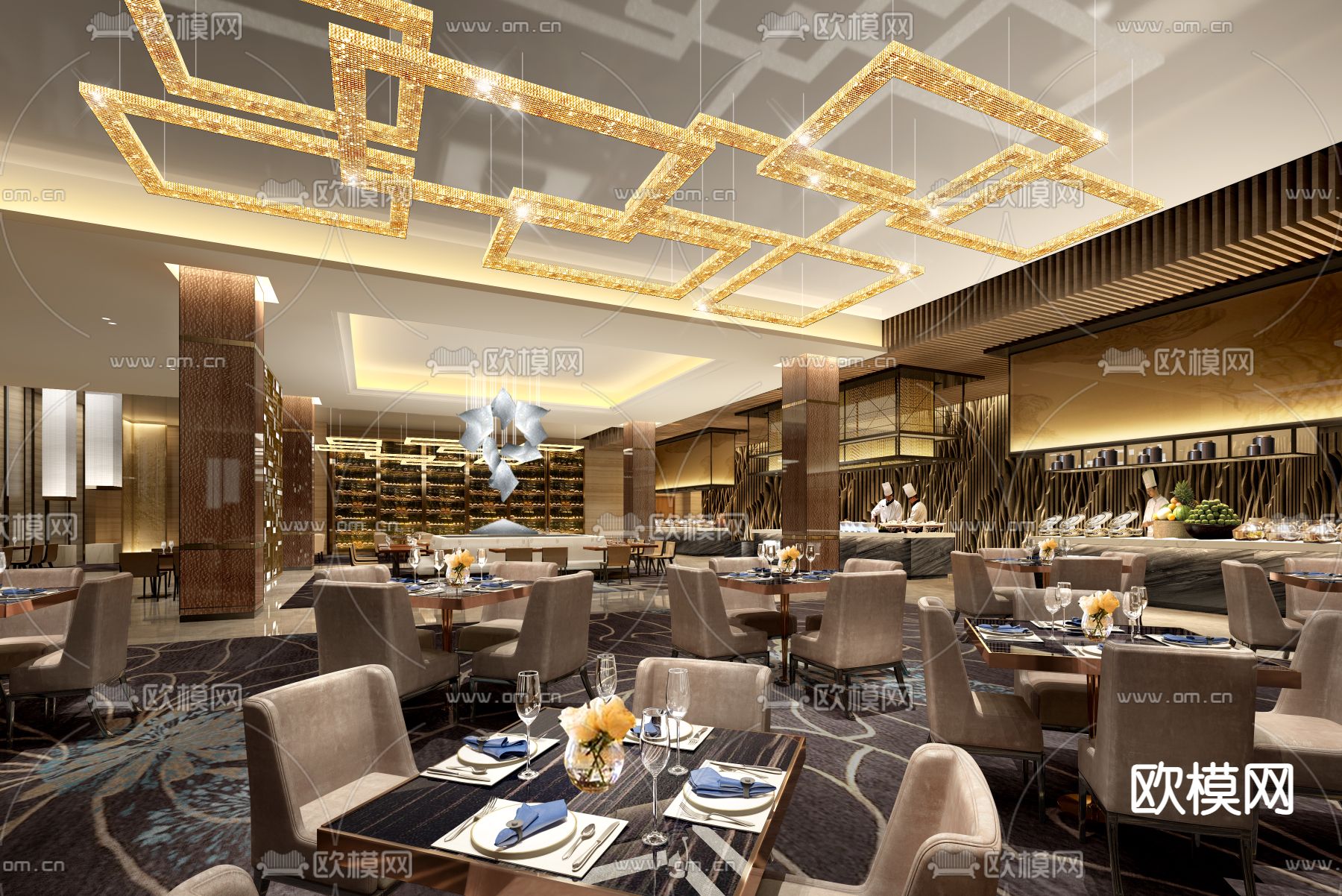 现代轻奢酒店自助餐厅3d模型