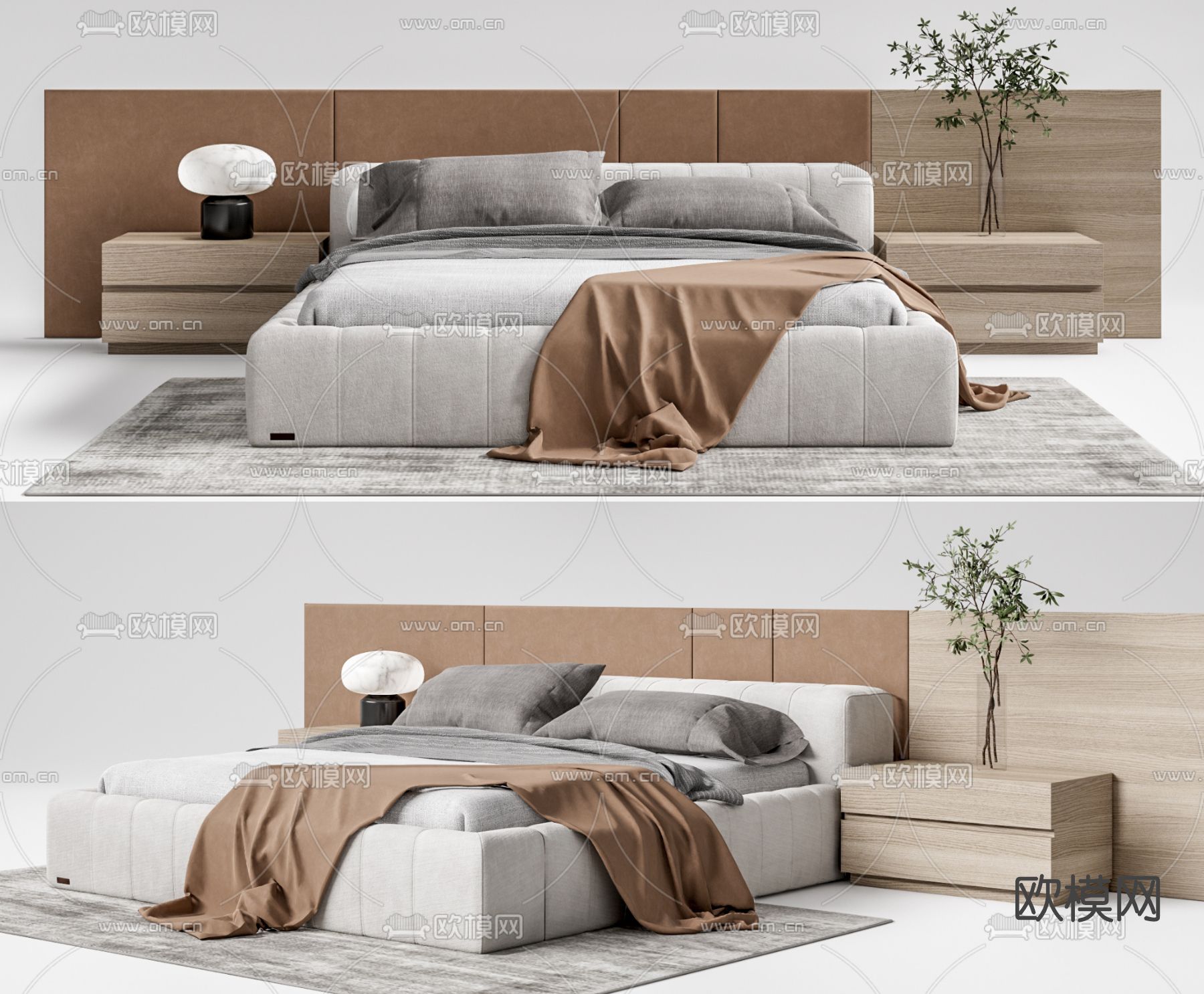 现代布艺双人床su模型下载（渲染图1）