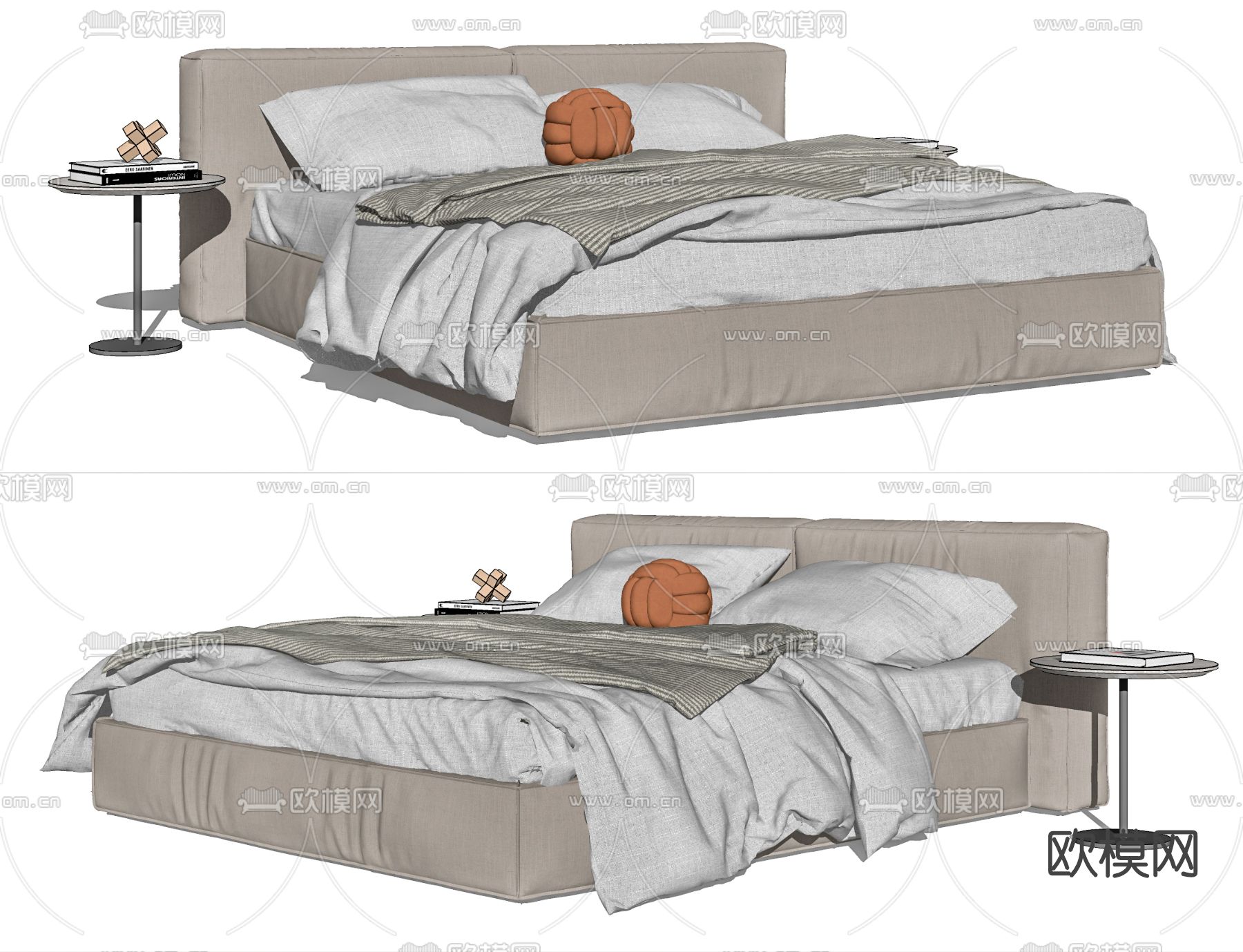 现代布艺双人床su模型下载（渲染图2）