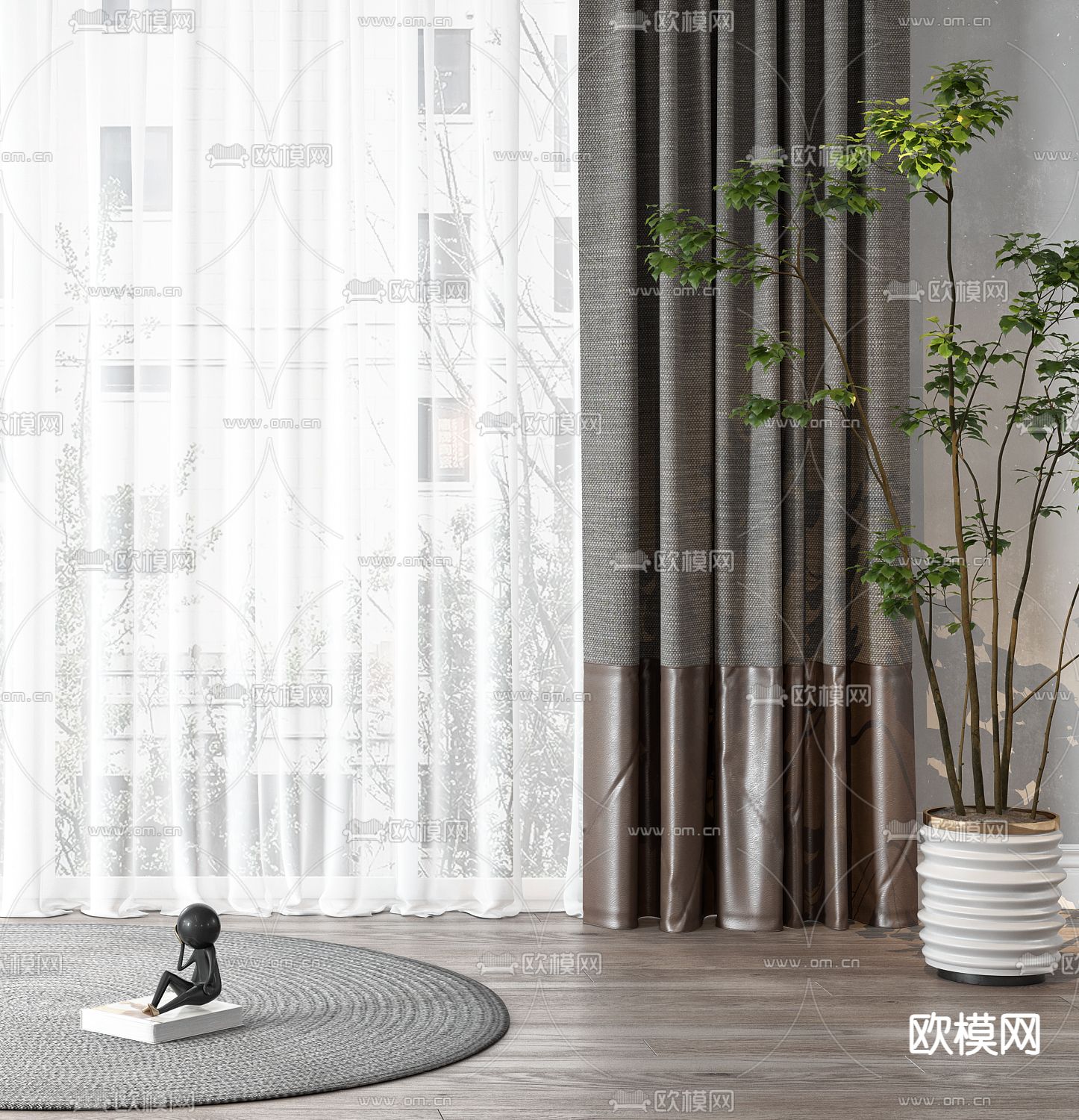 现代布艺窗帘3d模型下载（渲染图2）