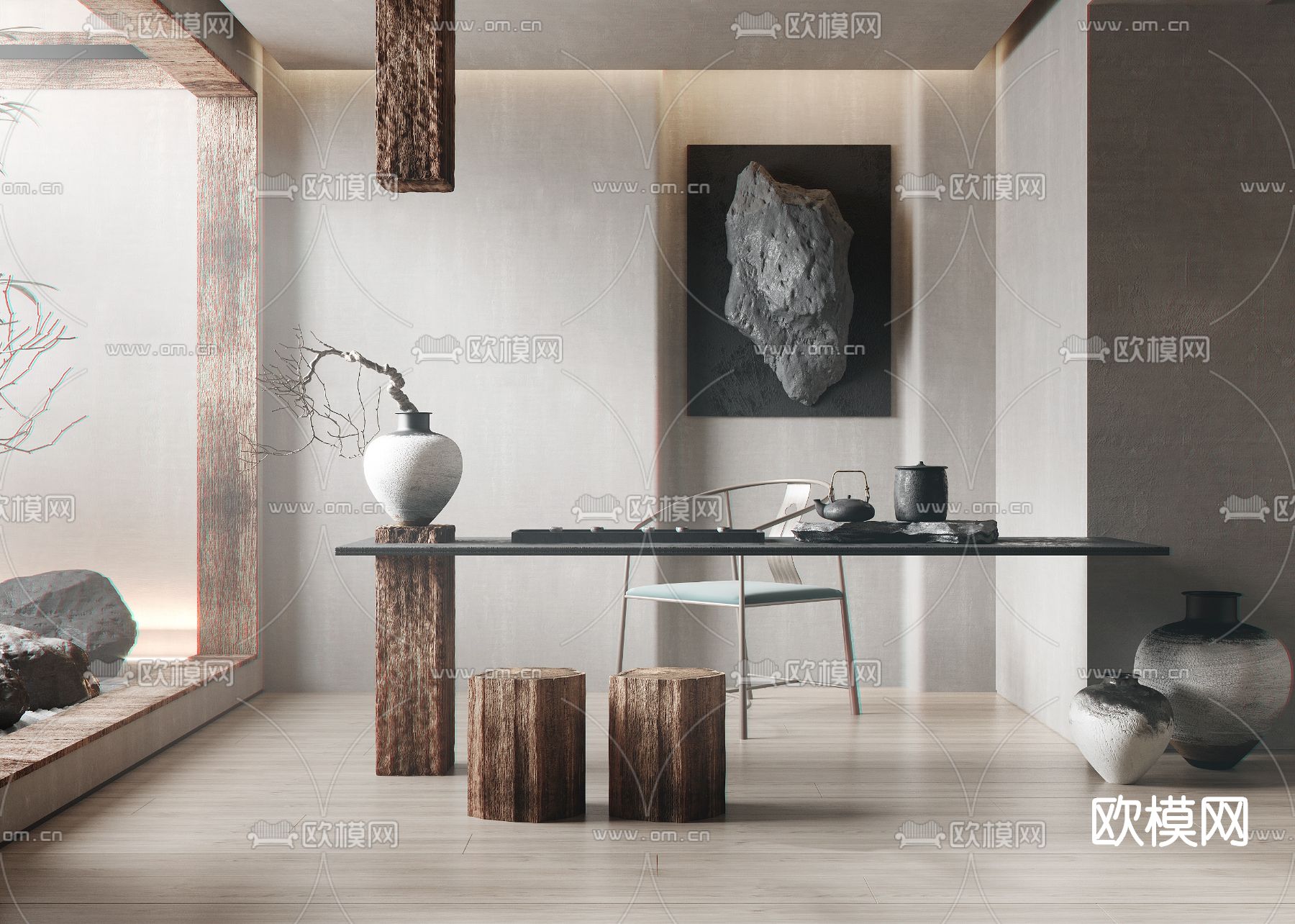 侘寂风茶桌椅su模型下载（渲染图1）