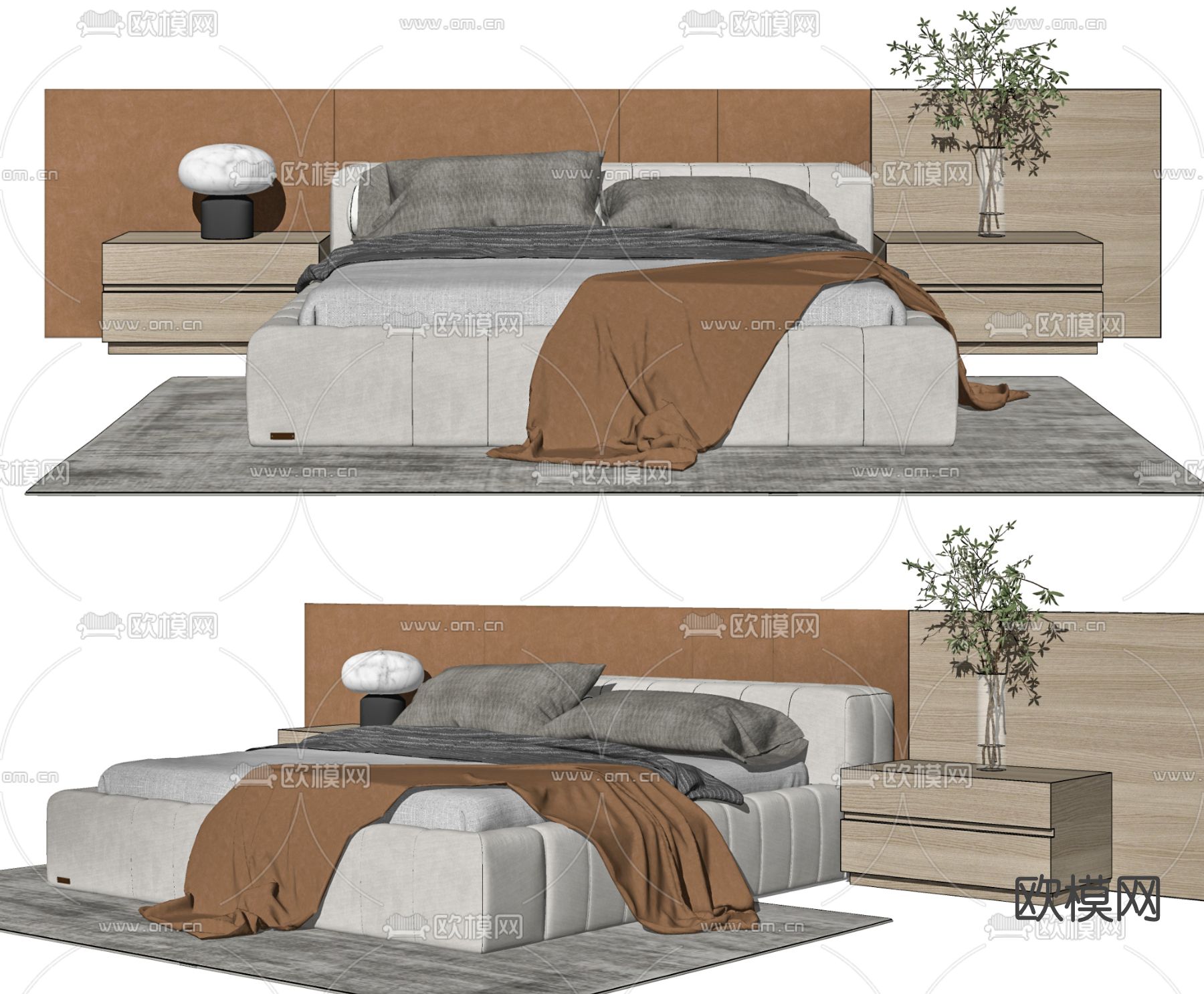 现代布艺双人床su模型下载（渲染图2）