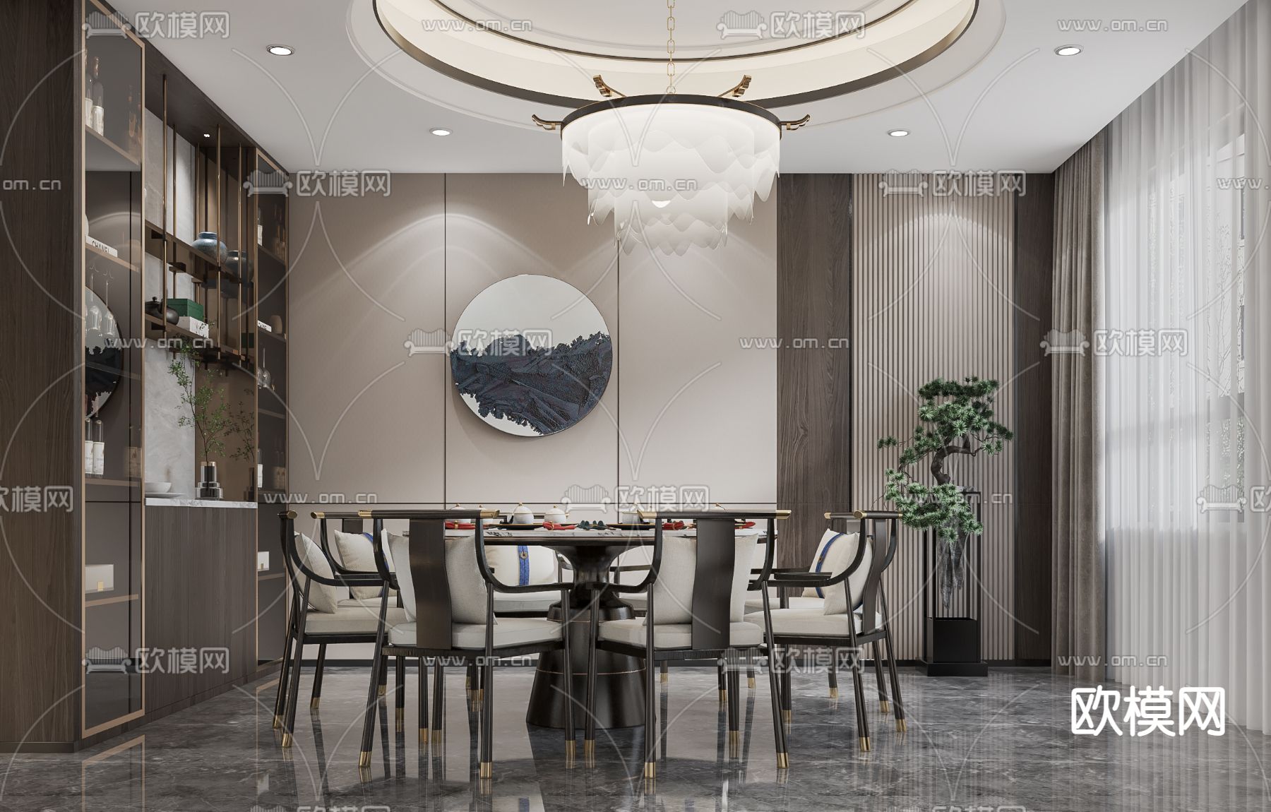 新中式客餐厅免费3d模型下载（渲染图2）