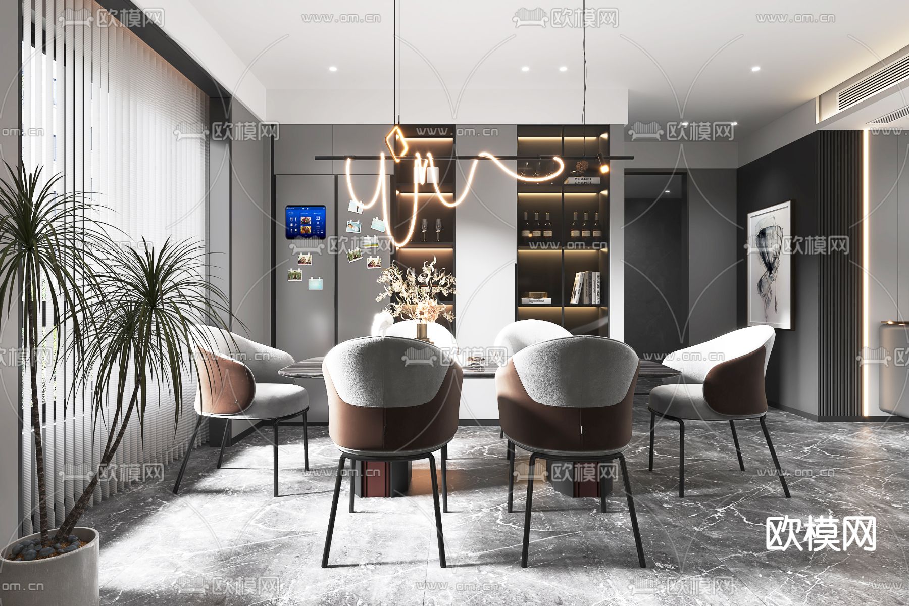 现代高级灰客餐厅3d模型下载（渲染图4）