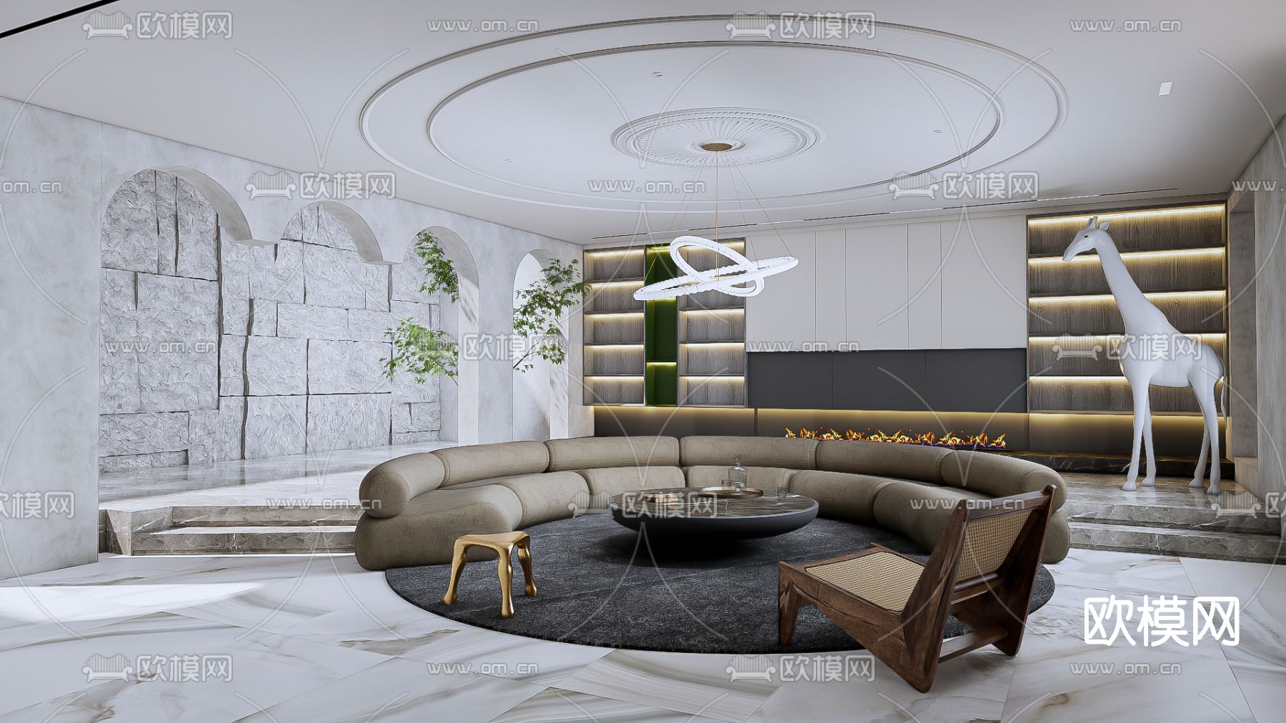 现代弧形沙发组合su模型下载（渲染图1）