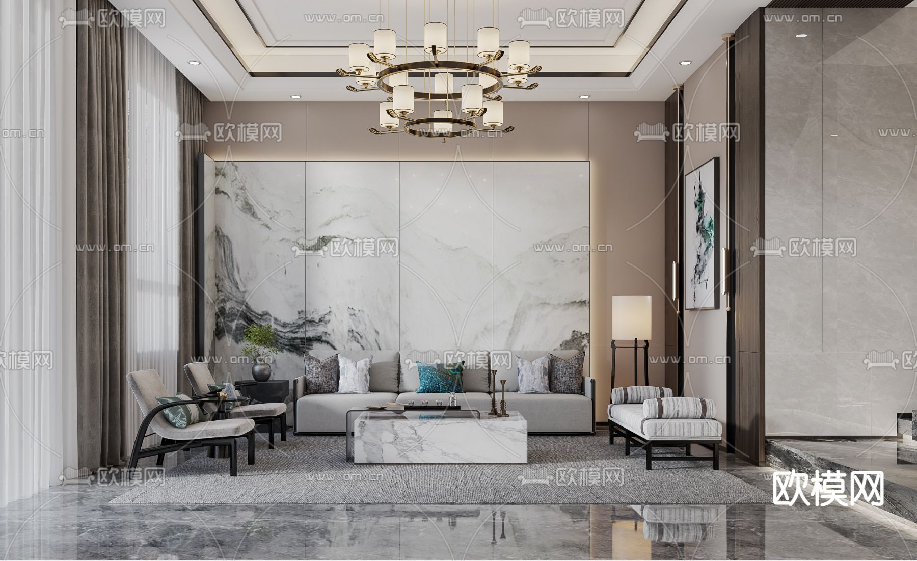 新中式客餐厅免费3d模型下载（渲染图1）