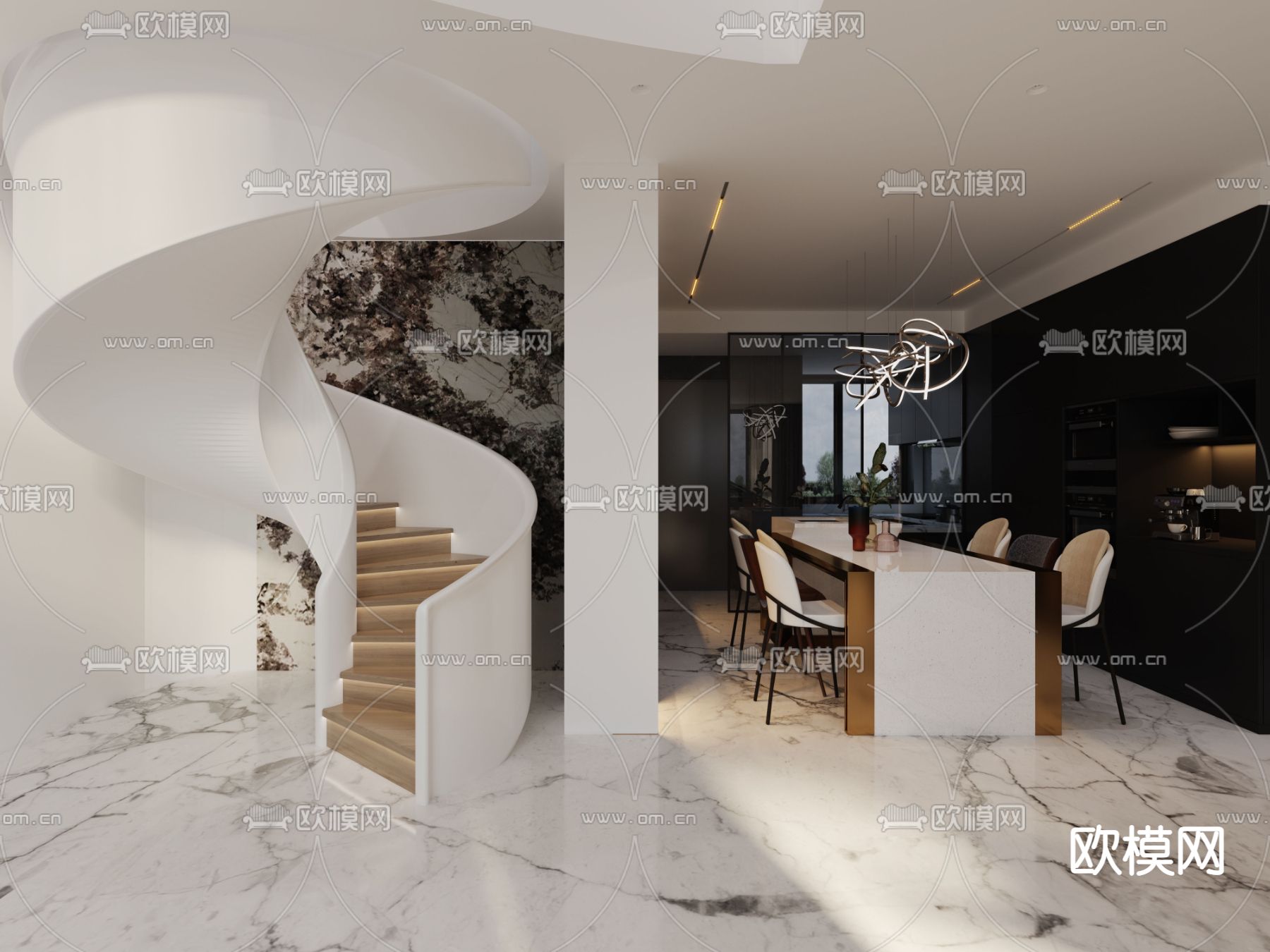 现代别墅客餐厅免费3d模型下载（渲染图4）