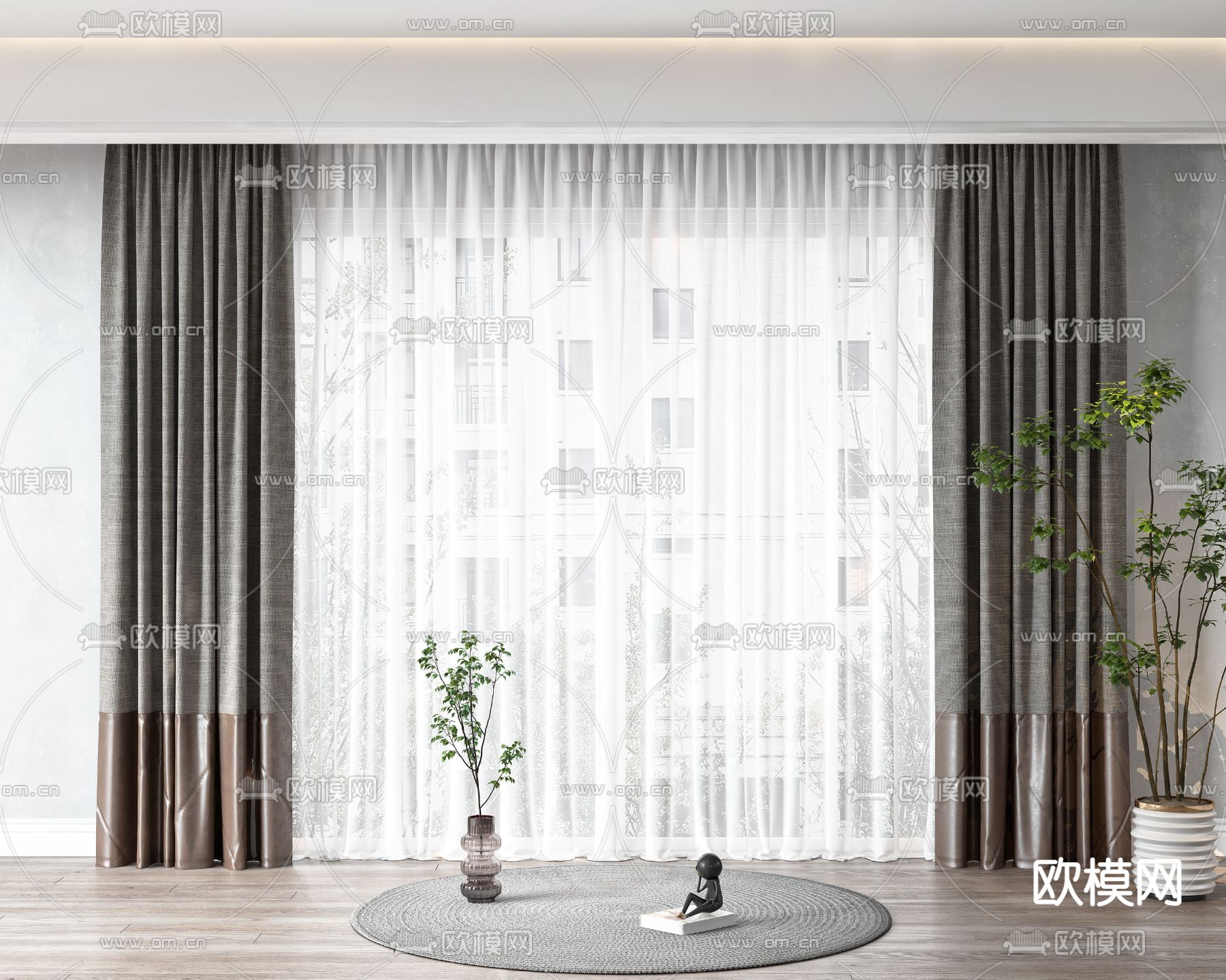现代布艺窗帘3d模型下载（渲染图1）