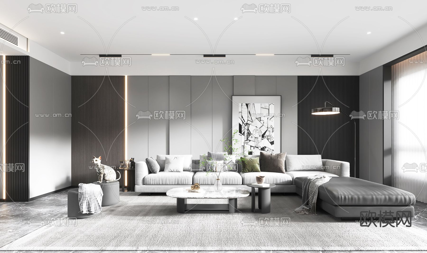 现代高级灰客餐厅3d模型下载（渲染图1）