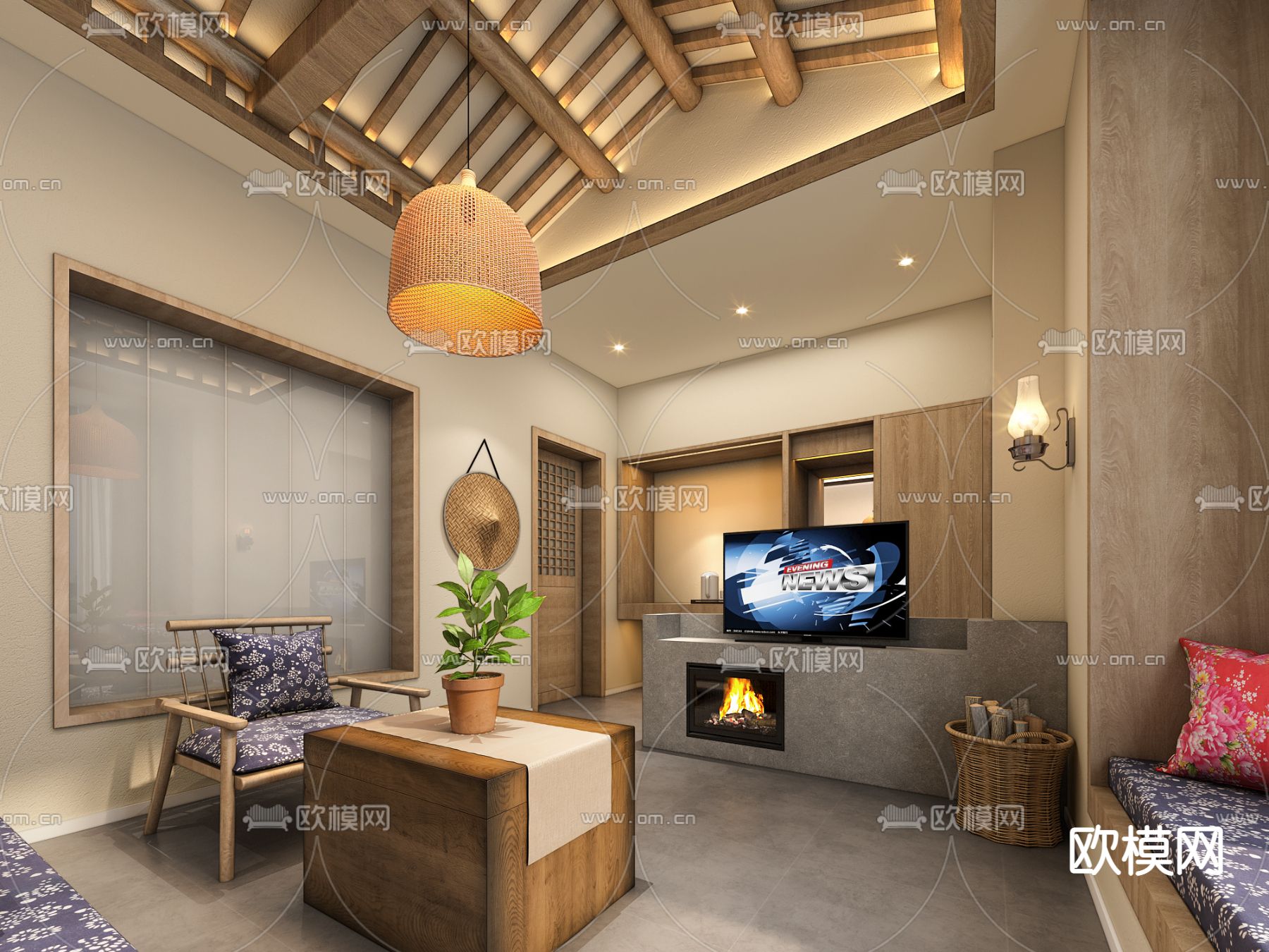 自然风民宿客厅免费3d模型下载（渲染图2）