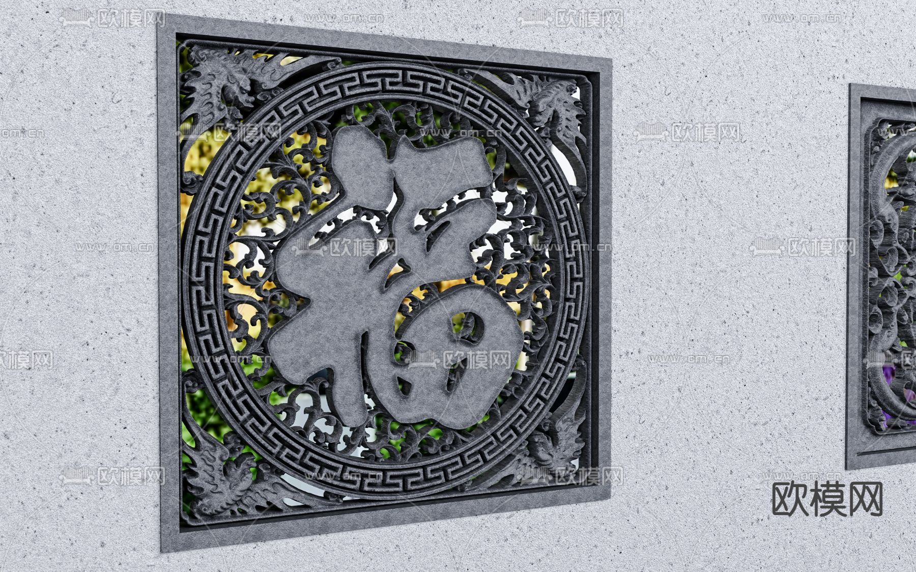 中式花窗景观墙3d模型下载（渲染图2）