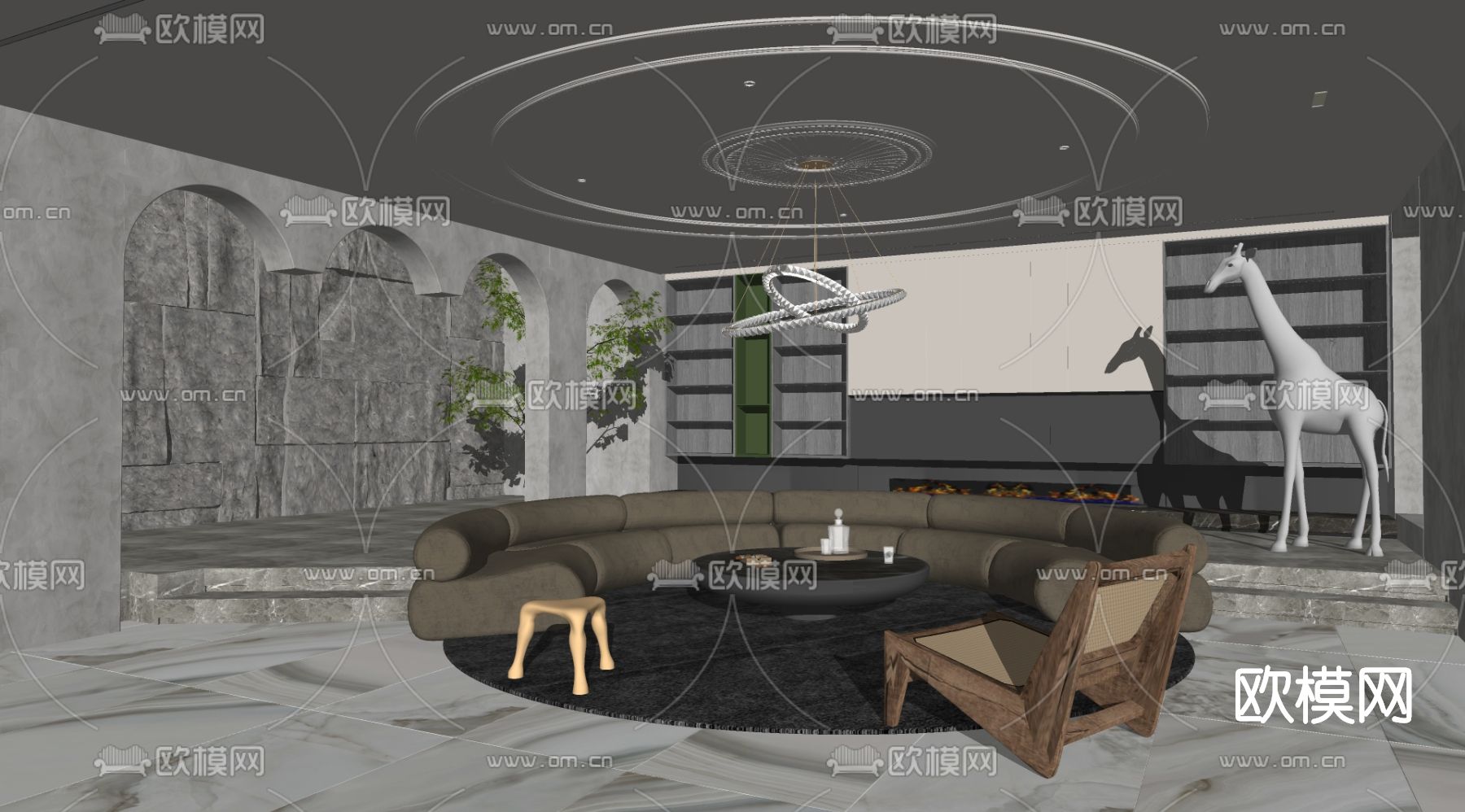 现代弧形沙发组合su模型下载（渲染图2）