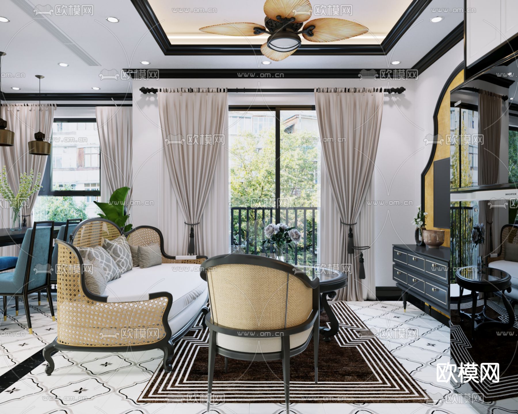 东南亚客餐厅3d模型下载（渲染图1）