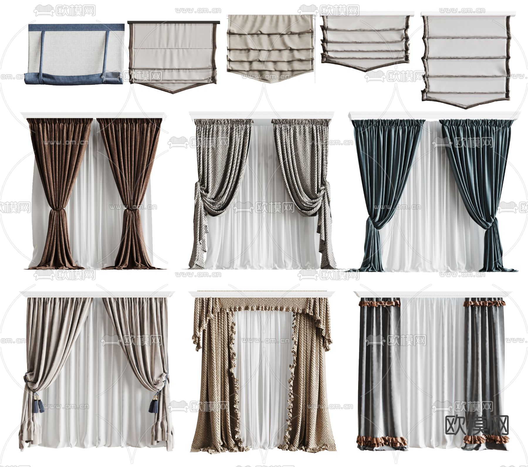 简欧布艺窗帘拉帘3d模型下载