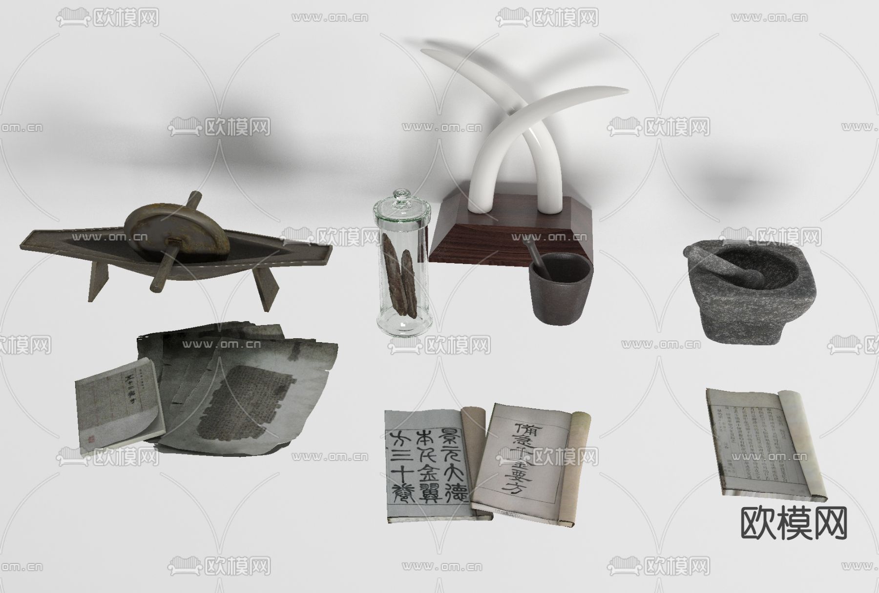 中式中医药文物书籍免费3d模型