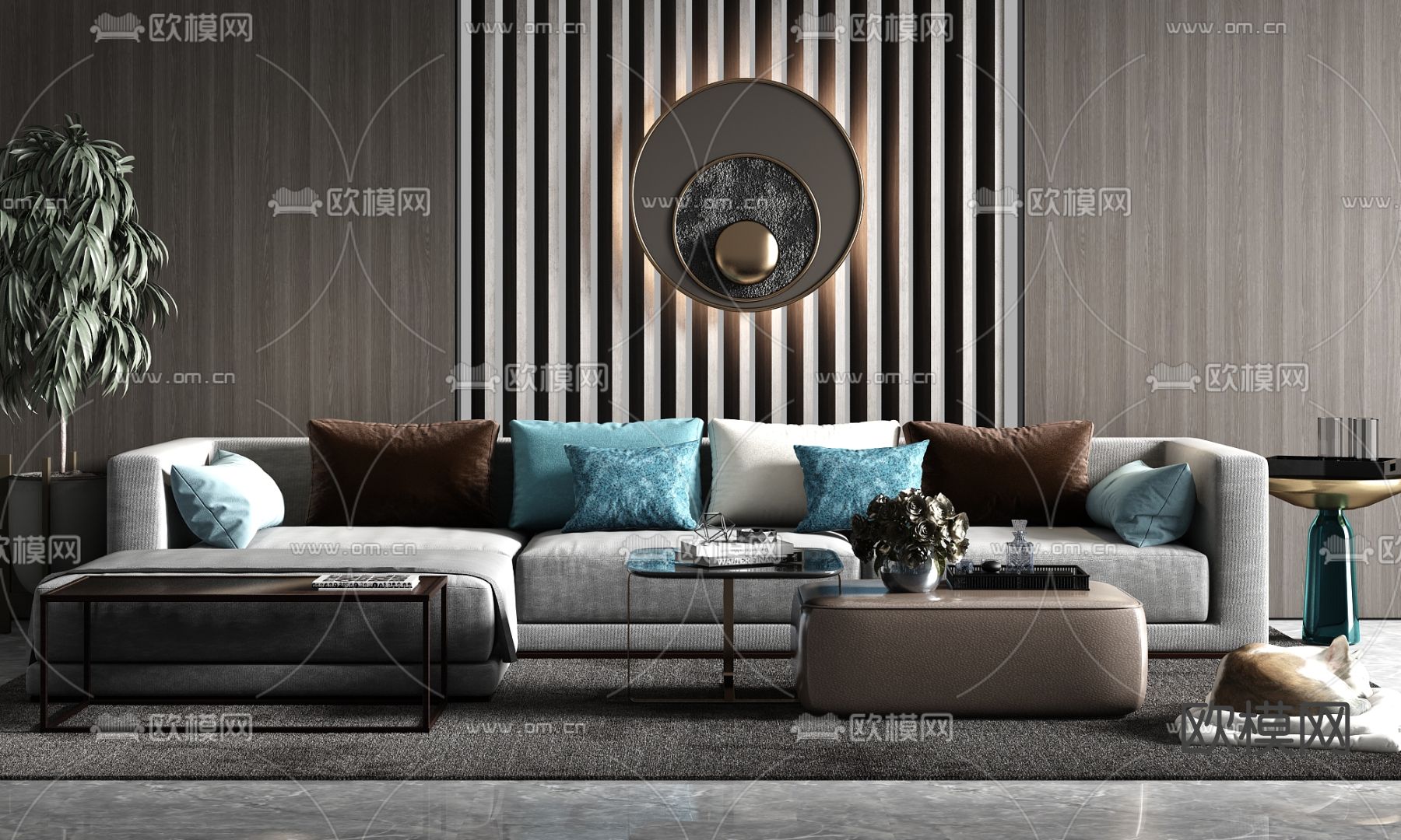 现代布艺沙发组合su模型下载（渲染图1）