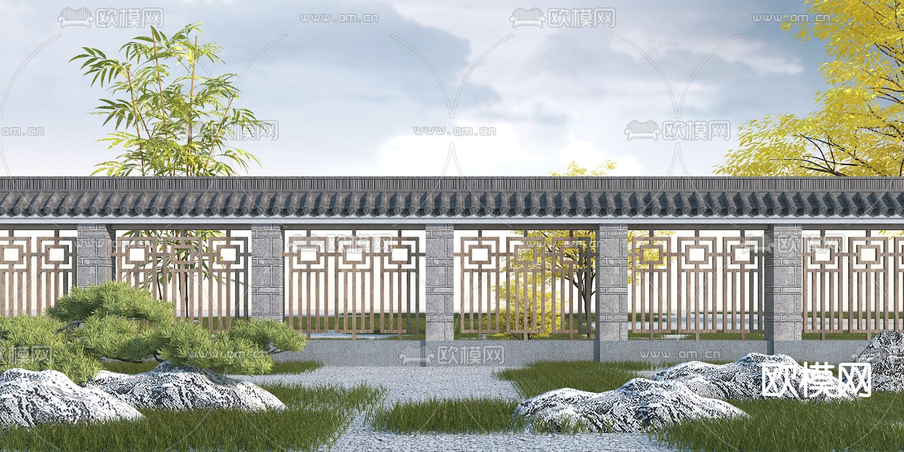 中式围墙园艺小品3d模型
