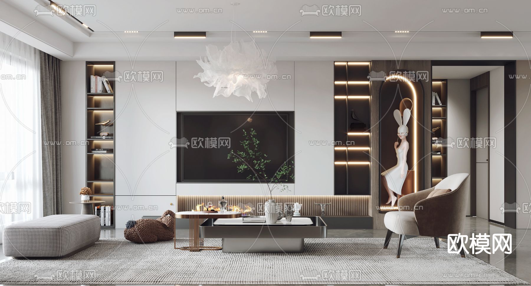 现代轻奢客厅3d模型下载（渲染图2）