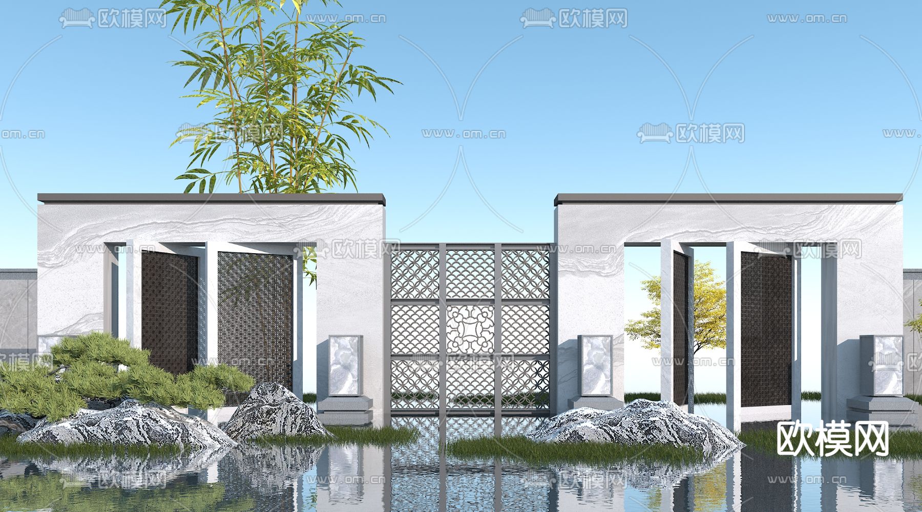 新中式瓦片砌花墙园林景观小品3d模型