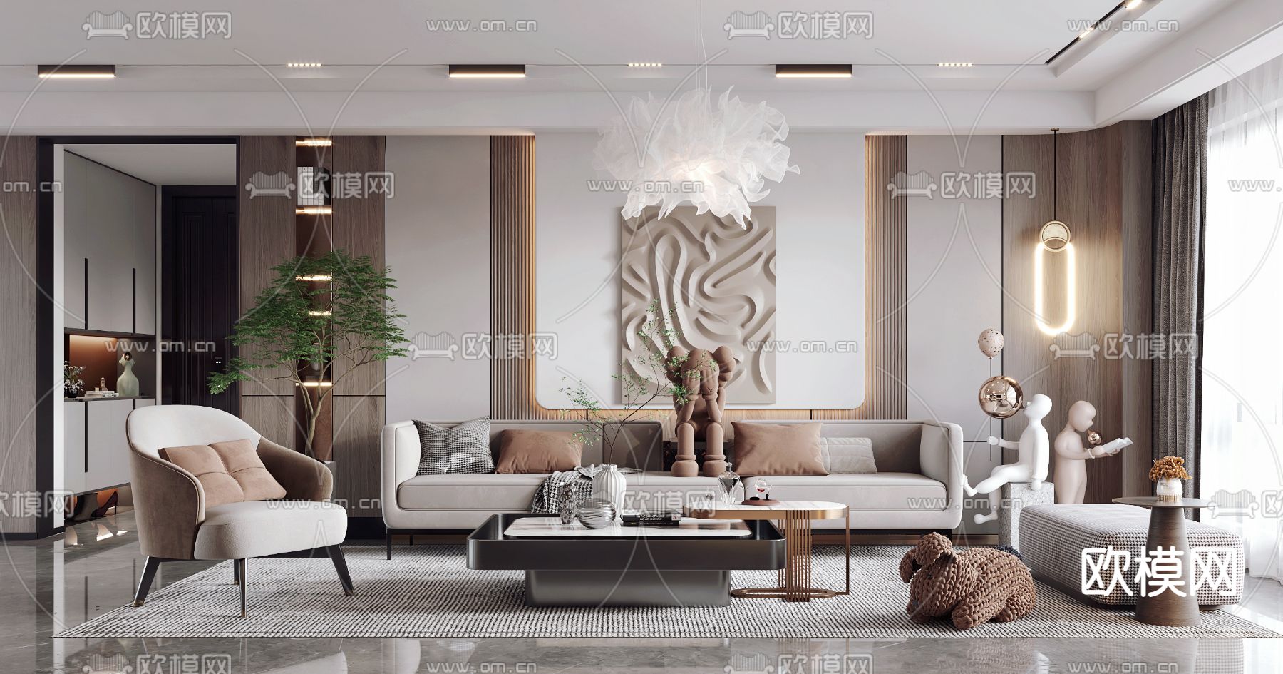 现代轻奢客厅3d模型下载（渲染图1）