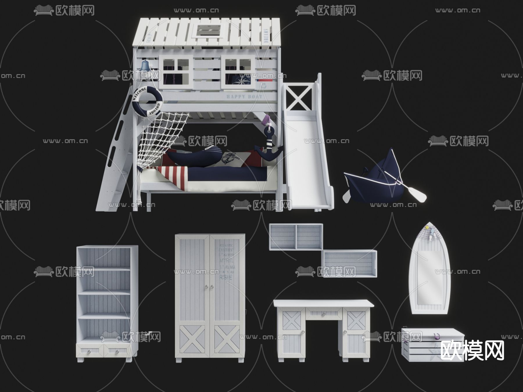 地中海上下铺儿童床3d模型下载