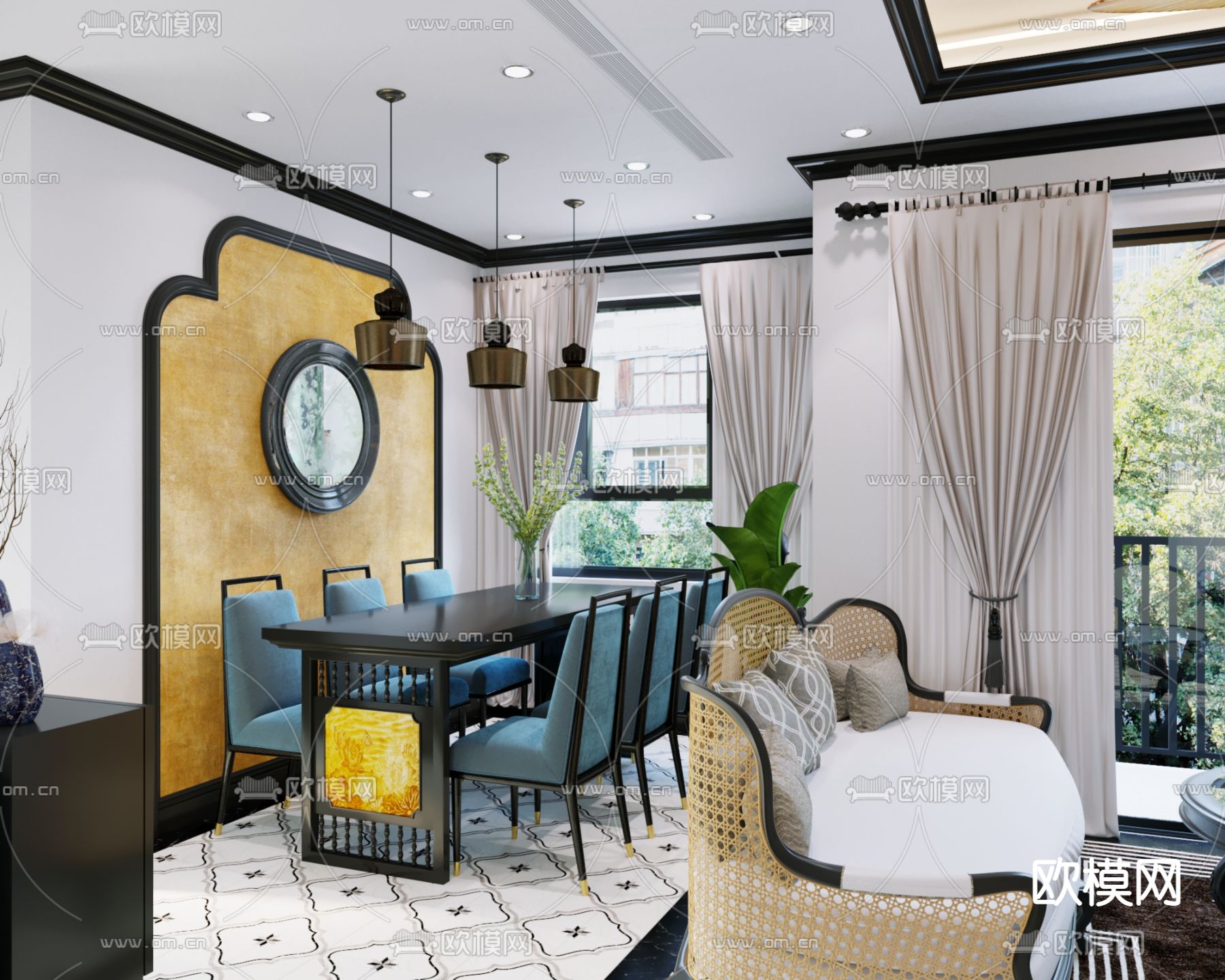 东南亚客餐厅3d模型下载（渲染图3）