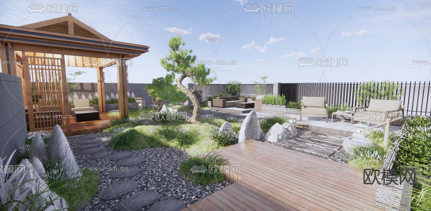新中式屋顶花园su模型