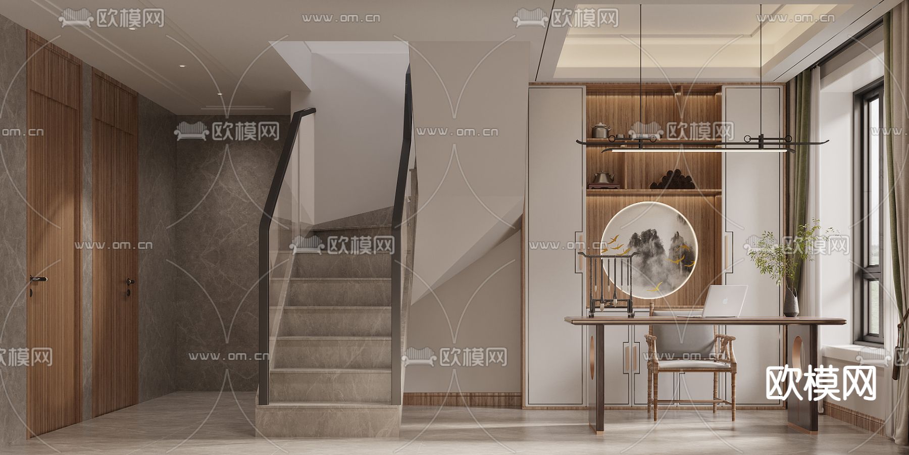 新中式别墅大堂餐厅3d模型
