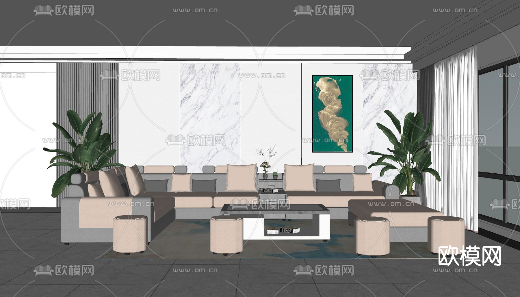 现代布艺沙发组合su模型下载