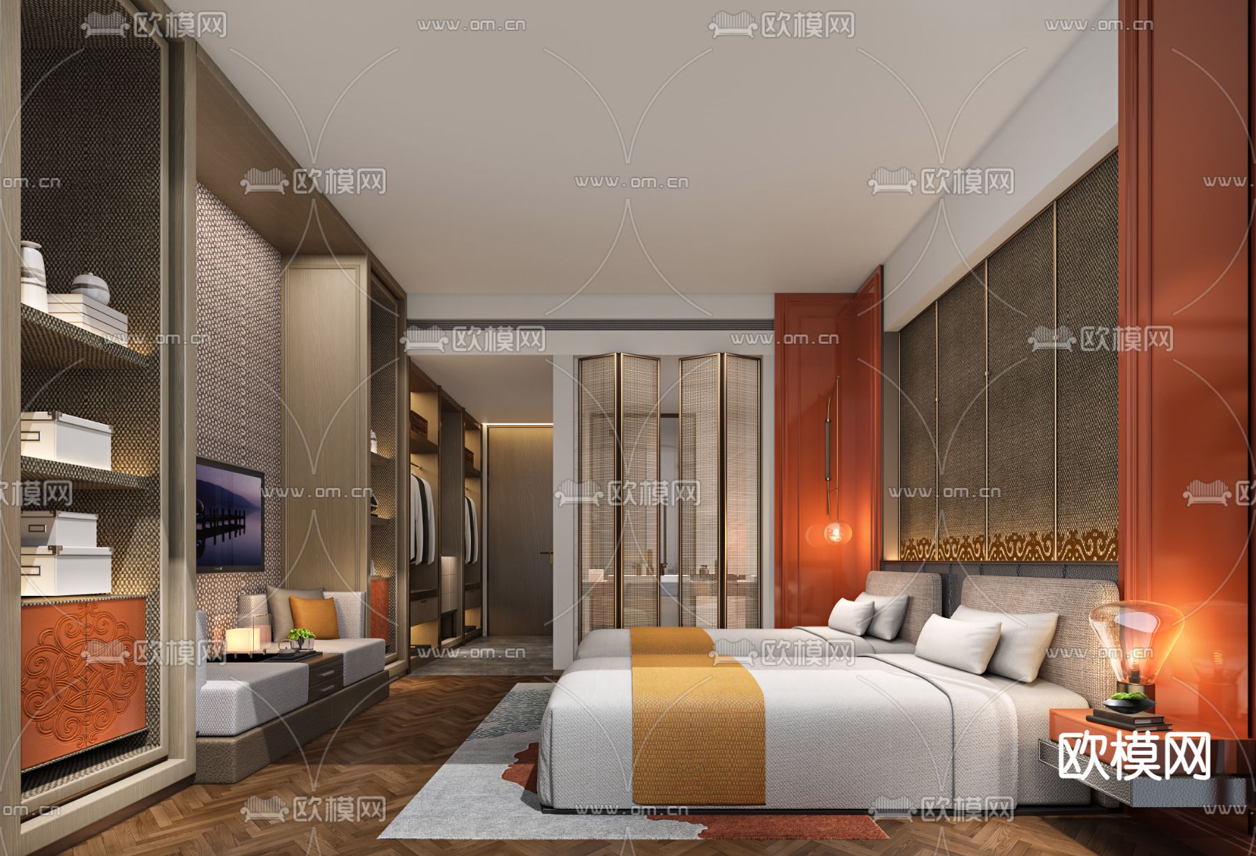 新中式酒店双床客房3d模型