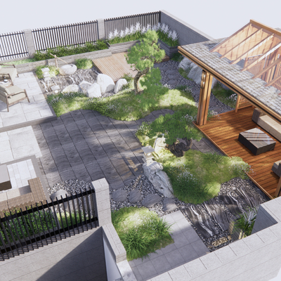  新中式屋顶花园su模型 