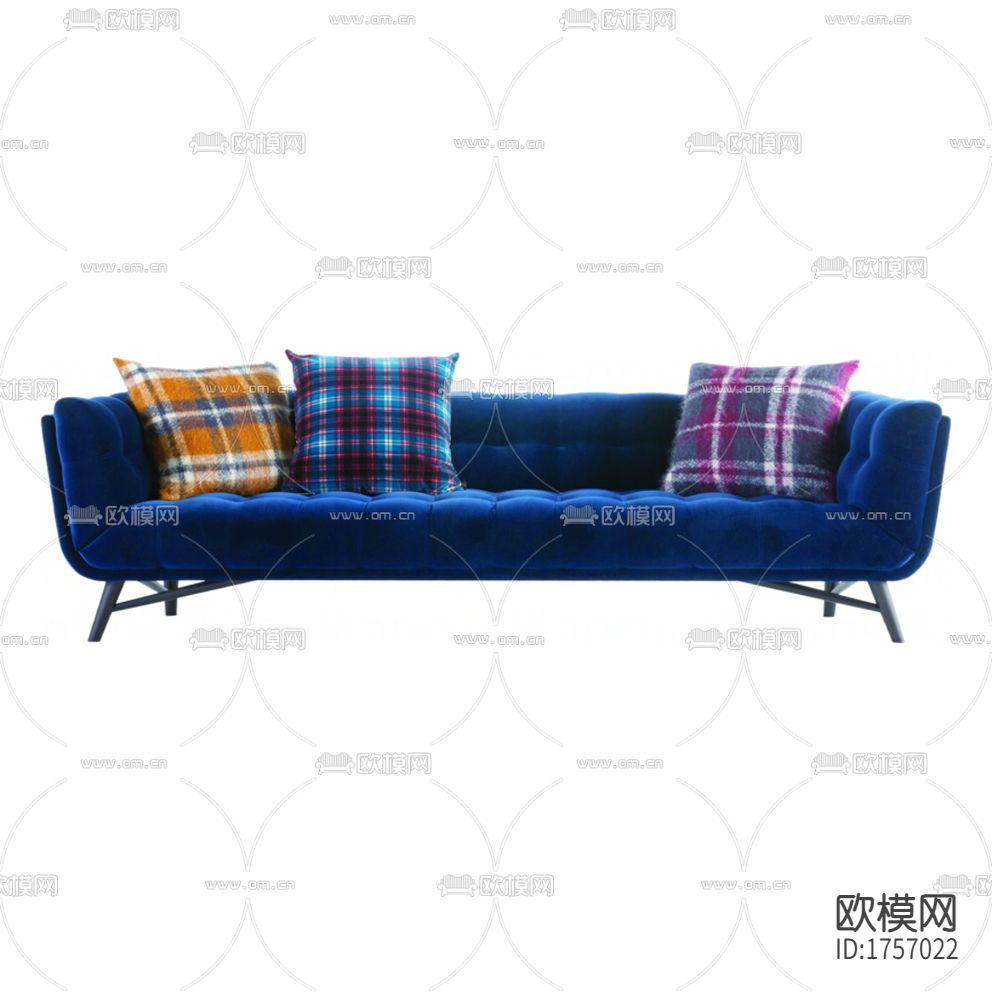 现代简约蓝色绒布多人沙发