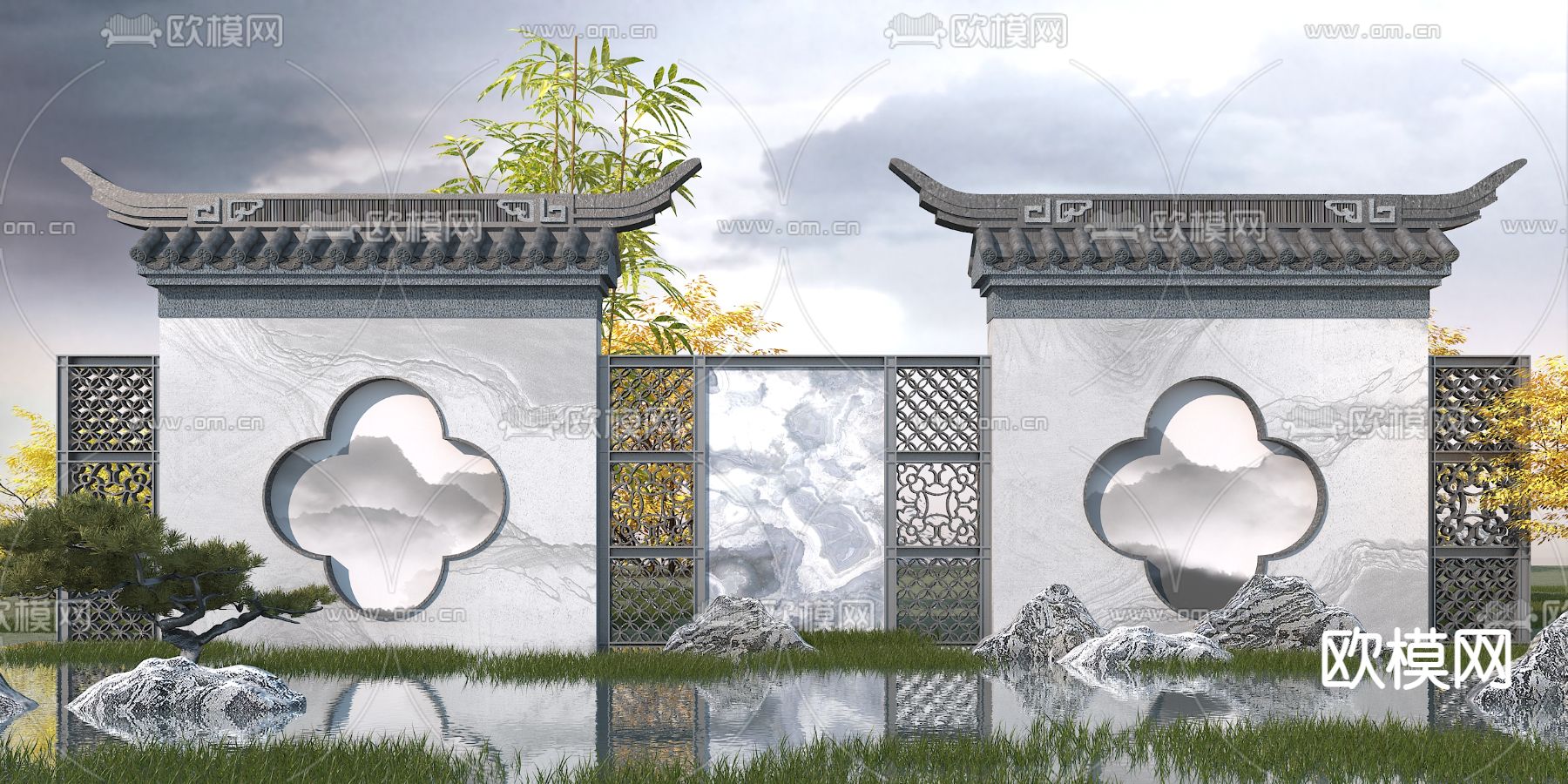 新中式园林景观墙3d模型下载