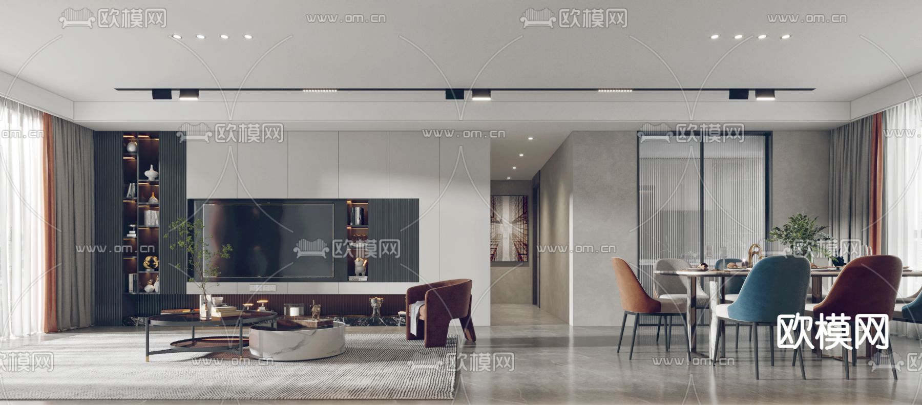 现代轻奢客厅餐厅3d模型