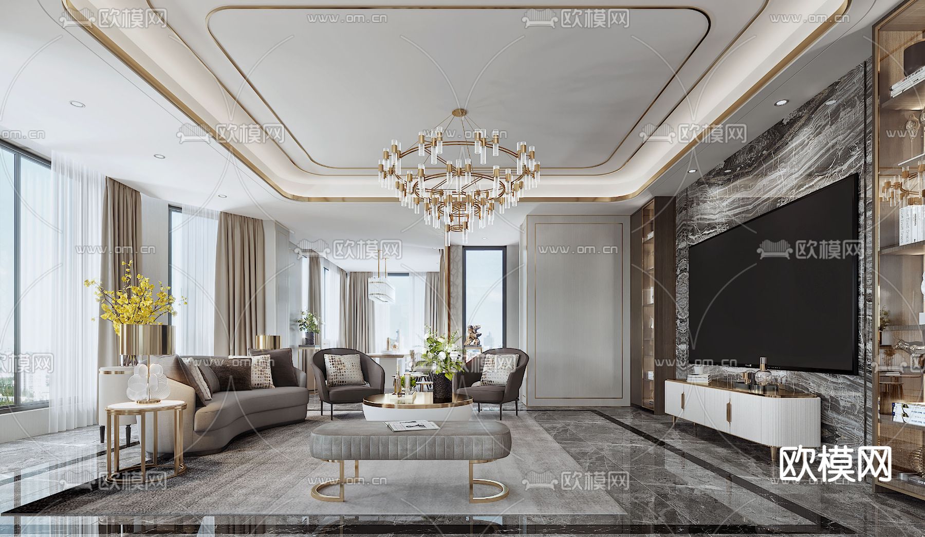 现代轻奢客餐厅免费3d模型下载（渲染图1）