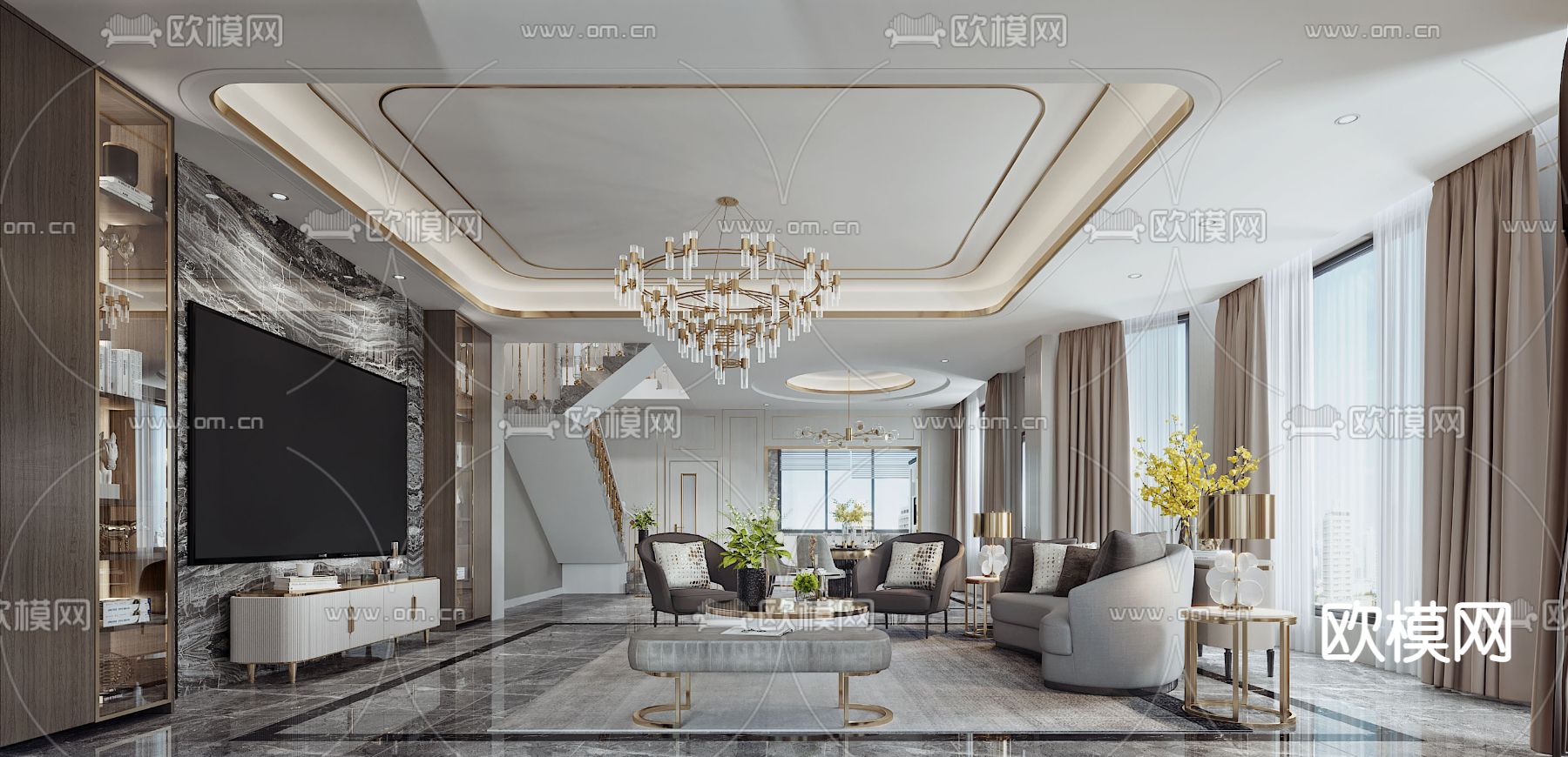 现代轻奢客餐厅免费3d模型下载（渲染图3）